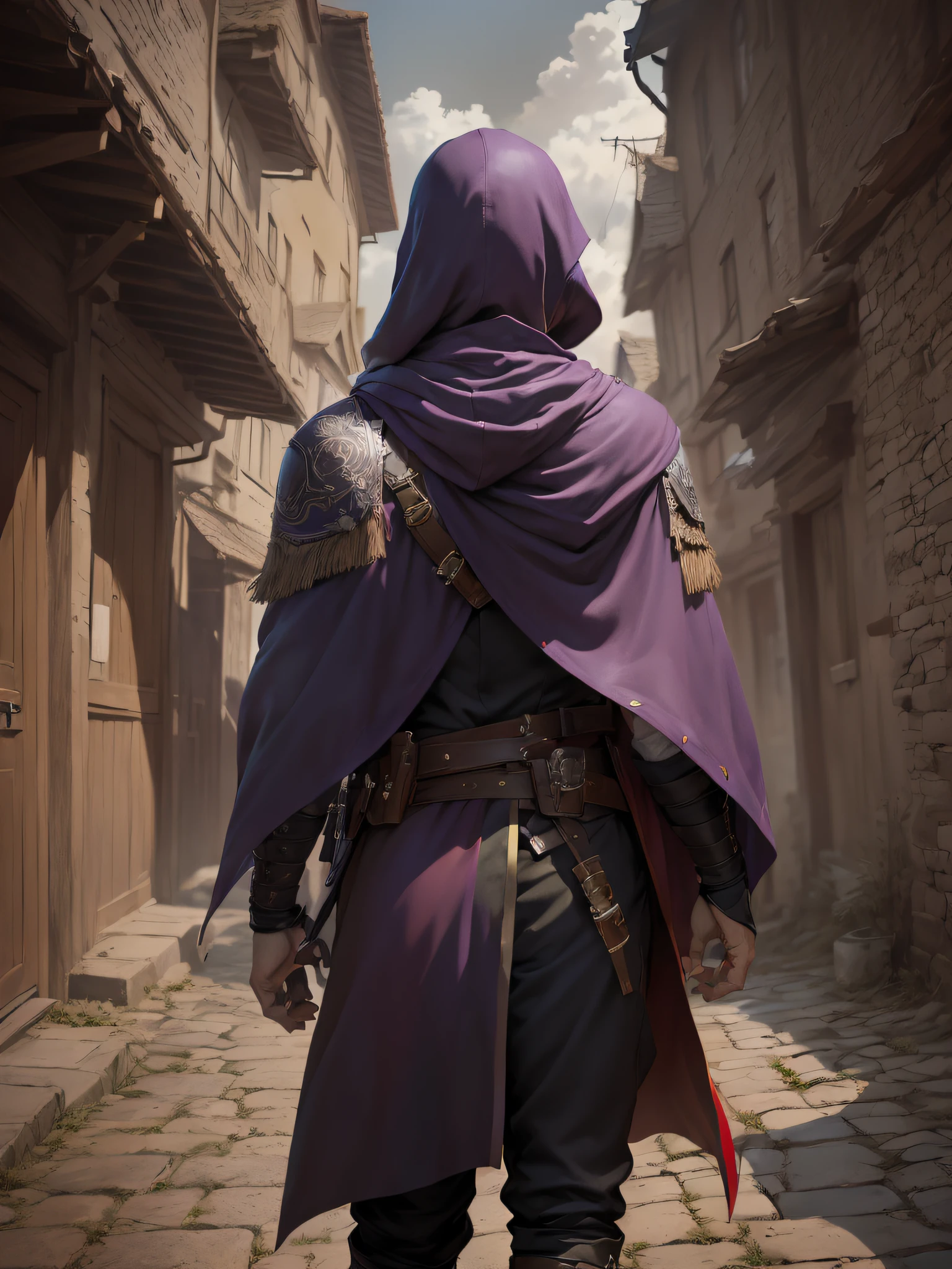 (((masutepiece, Best Quality, Ultra-detailed))), (Male talented assassins, Walk away, Look forward, Solo, Back view, Unapproachable atmosphere, deadpan, Serious, Perfect fingers, Perfect hands), 35 years old, (Long assassin's cloak), Medieval back alley in the background, Dynamic Angle,