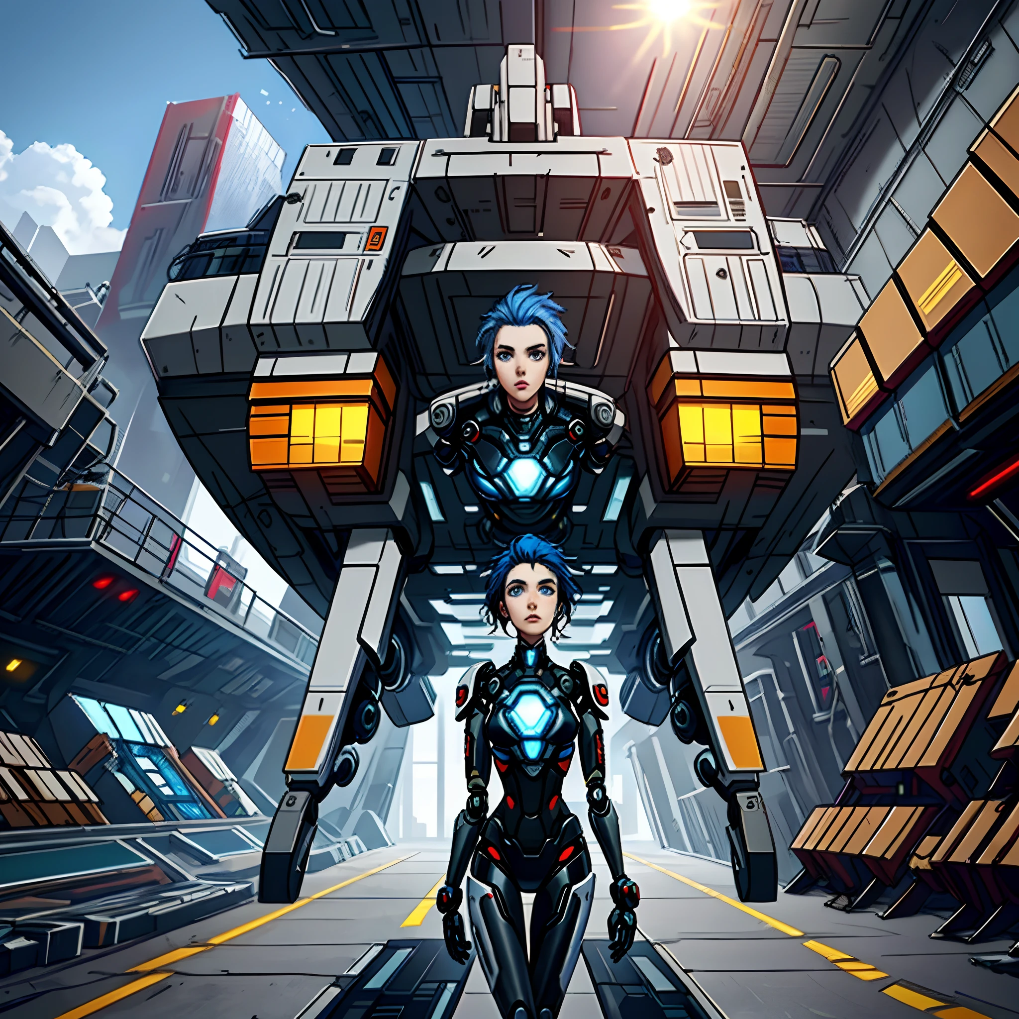 Artificial intelligence dashboard, girl robot, someone manipulating her in front of him, 18 years old, beautiful and quiet, with beautiful facial features, blue hair, slim figure, a set of assault suits, punk style clothing, futuristic city, spaceship warehouse, large perspective, looking up at nanotechnology, game scenes, 8k, high-quality, multi detail
