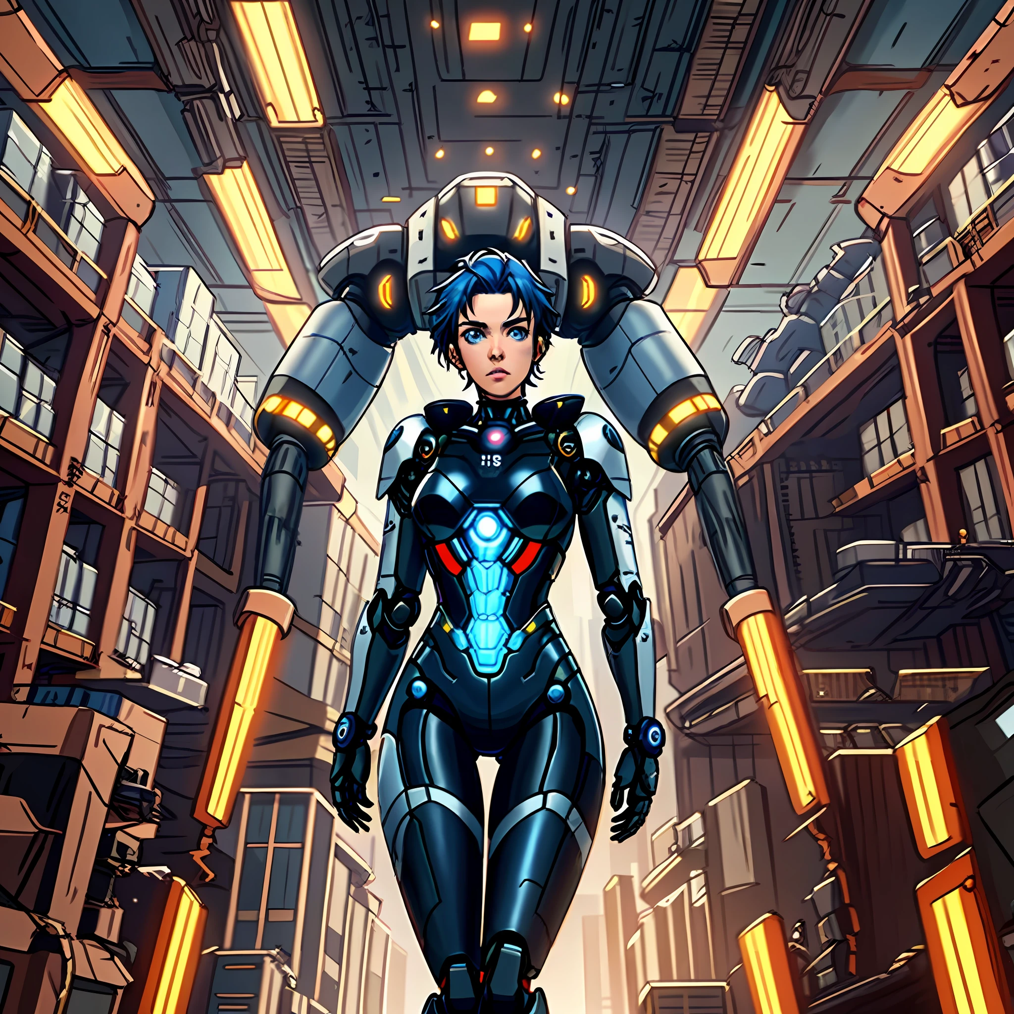 Artificial intelligence dashboard, girl robot, someone manipulating her in front of him, 18 years old, beautiful and quiet, with beautiful facial features, blue hair, slim figure, a set of assault suits, punk style clothing, futuristic city, spaceship warehouse, large perspective, looking up at nanotechnology, game scenes, 8k, high-quality, multi detail