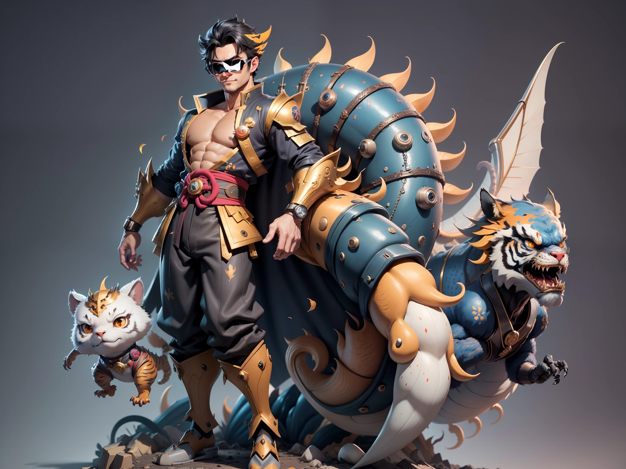 (Daisaku),(Need),(Super meticulous),(full bodyesbian:1.2),Super young man with Japanese geisha,Beautiful,Oriental dragon,Aeolian Thor,Raised sexy,爆乳,Oriental face,TV Anchor,Bust portrait illustration,In black suit,a blue tie,The face is slightly chubby,The face was clean,without a beard,Black super short hair,Black eyes,Smile confidently,3C computer sub-products,iPad, iphone,Digital painting,3D character design by Mark Clairen and Pixar and Hayao Miyazaki and Akira Toriyama,The illustration is a high-definition illustration in 4K resolution,With very detailed facial features and cartoon-style visuals。