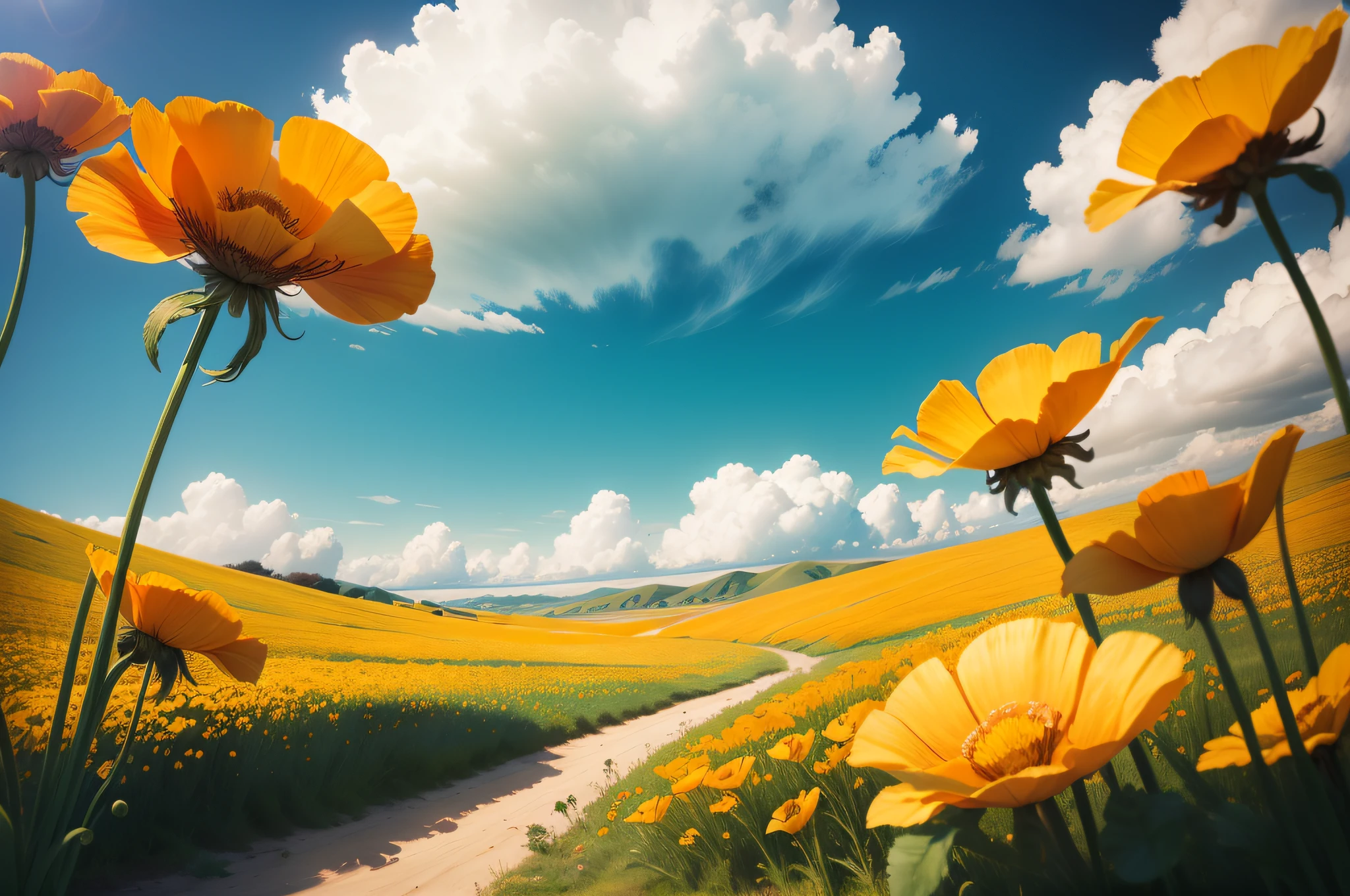 field of California poppies, colorful, bright day, high quality, cinematic quality, high resolution, very detailed, high definition, hyperrealism, photorealistic, professional photography, excellently drawn, professionally drawn, beautiful