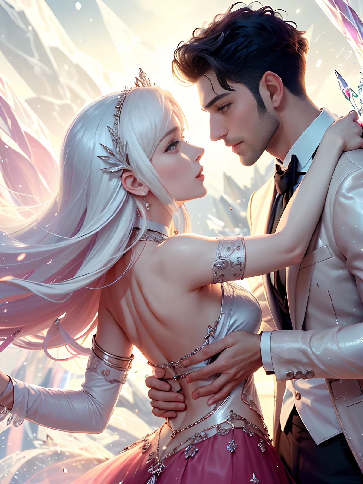 realisticlying，（tmasterpiece，top Quority，best qualtiy，offcial art，Beauty and aesthetics：1.2），Two characters，a young man and a woman，meticuloso，Fine face，Beautiful brunette and a handsome man，ssmile，joy，Pink skirt，Red accents，ssmile，unwind，dancing pose，ellegance，Particle，ventania，florals，The upper part of the body，zentangle，（abstract backgrounds：1.5），Kamimei，white color hair，short detailed hair，（Glowing black eyes），mistic，(magia)，Ice and snow，Handsome man，((amaryllis))，hades，hell