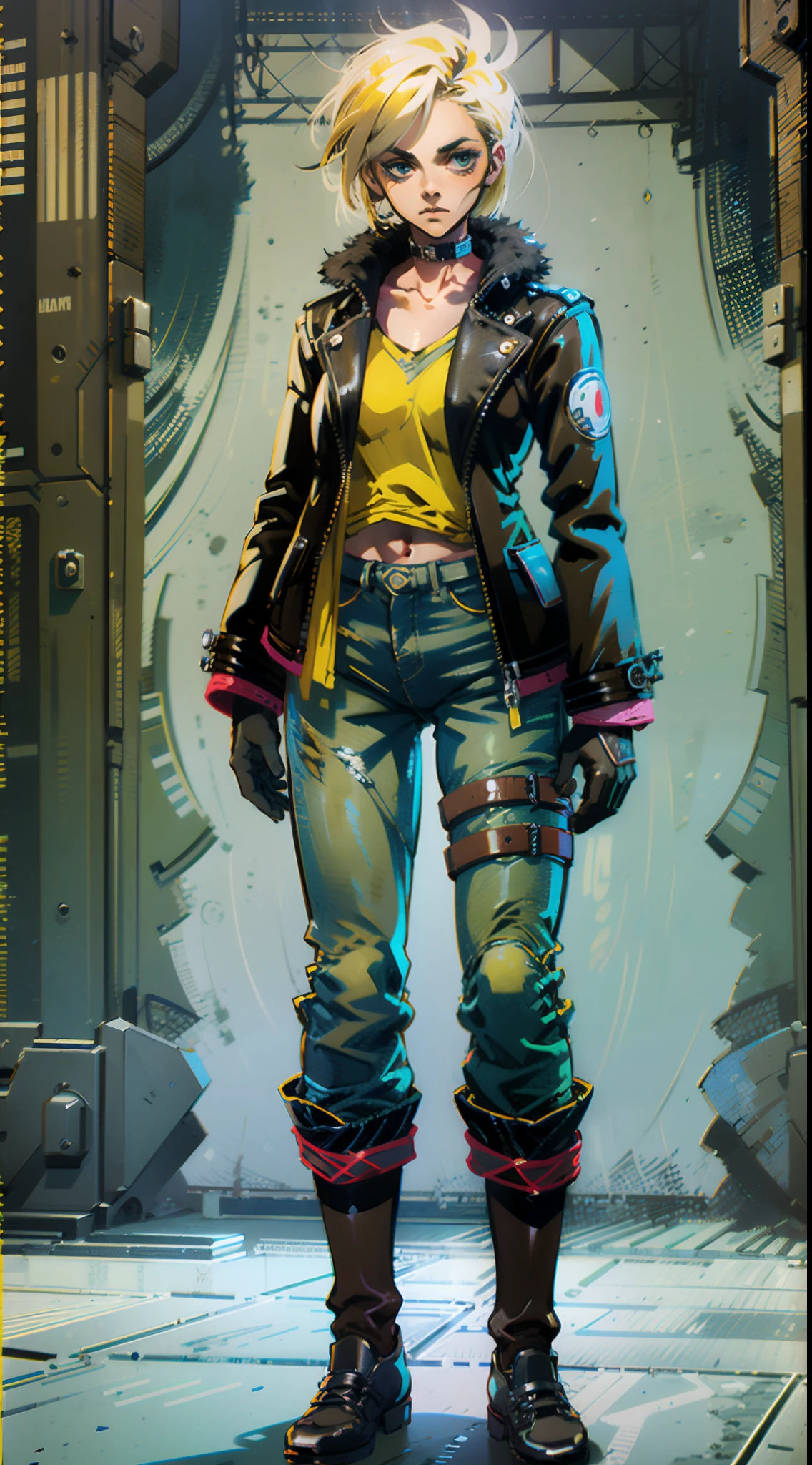 a beautiful woman with tousled blonde hair, an oval-shaped face, delicate features, slender eyes that exude a cunning expression, she wears a form-fitting leather jacket primarily in black with accents of yellow, along with a worn-out brown jacket with a furry collar on top, her lower half is clad in dark blue denim jeans, she stands casually with her hands on her hips, the character design reflects a punk-style smuggler inspired by Japanese anime design, the artwork features finely detailed character design, showcasing a mature Japanese manga artistic style, ((character concept art)), full body character drawing, high definition, best quality, ultra-detailed, extremely delicate, anatomically correct, symmetrical face, extremely detailed eyes and face, high quality eyes, creativity, RAW photo, UHD, 8k, (Natural light, professional lighting:1.2, cinematic lighting:1.5, best shadow), (masterpiece:1.5)