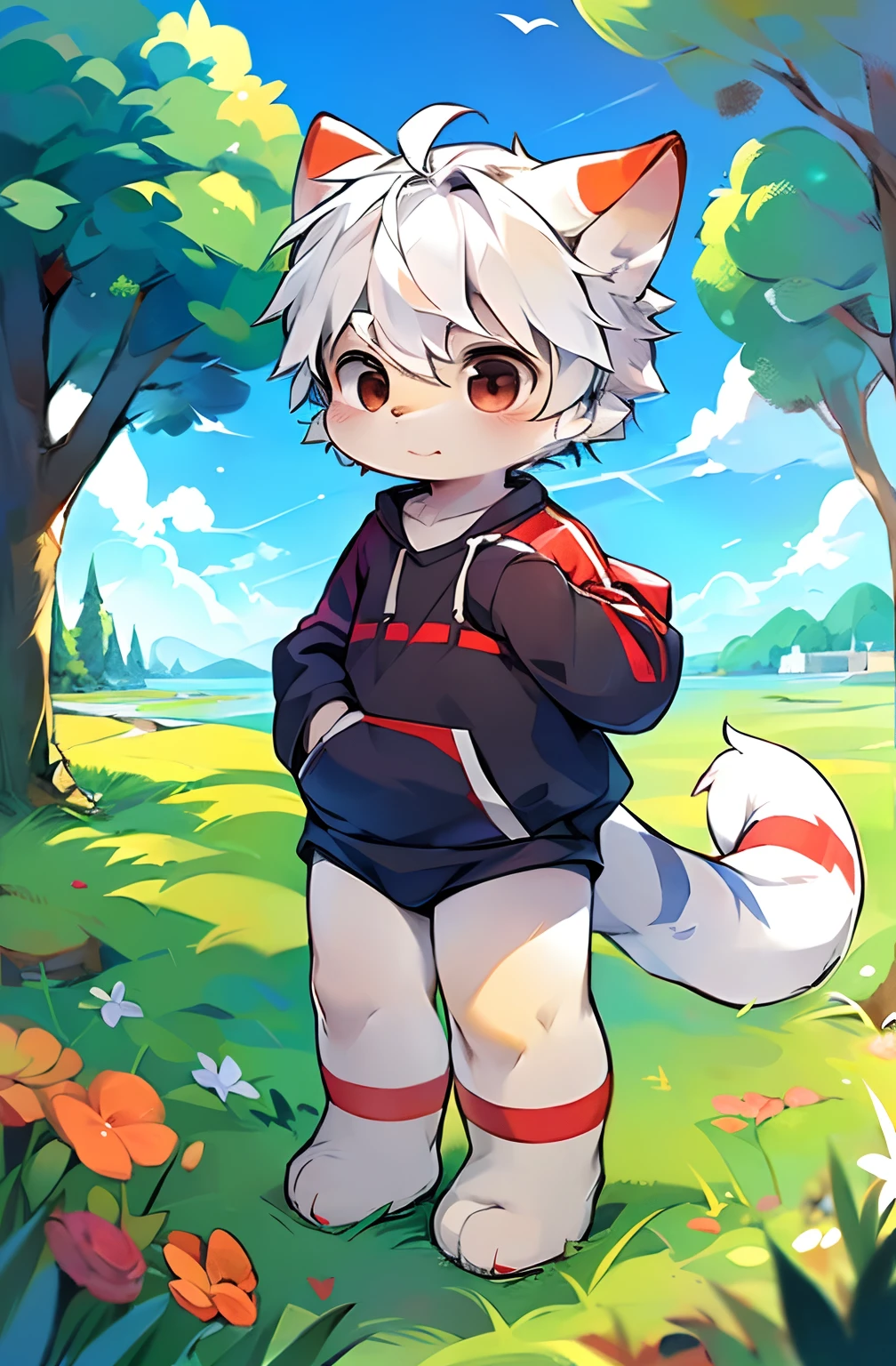 (Bright environment:0.8),Masterpiece,High quality,abstract res,Digital painting\(artwork of a\), by Dagasi, Yupa,Kiyosan,(anthro,Fluffy fur,Character focus:1.1),Human male Dag,Short hair,Portrait , eyes with brightness, in a panoramic view, Character focus.(detailedbackground:0.7), 独奏, shaggy, shaggy male,16 yaers old，malefocus, standing on your feet，Light blue sweatshirt，Put your hands in your sweatshirt pocket，grey shorts，Handsome，Micro-expressions，Facing the lens，Parallel screens，anthr,(Full Body Furry, Fluffy tail, Pure white fur, Red stripe pattern on the hind legs，Black eyes, Pure white hair，The gray ears are pointed:1.2), (White canines：1.2），（outside、clear skies、Morning、grassy fields：1.1）