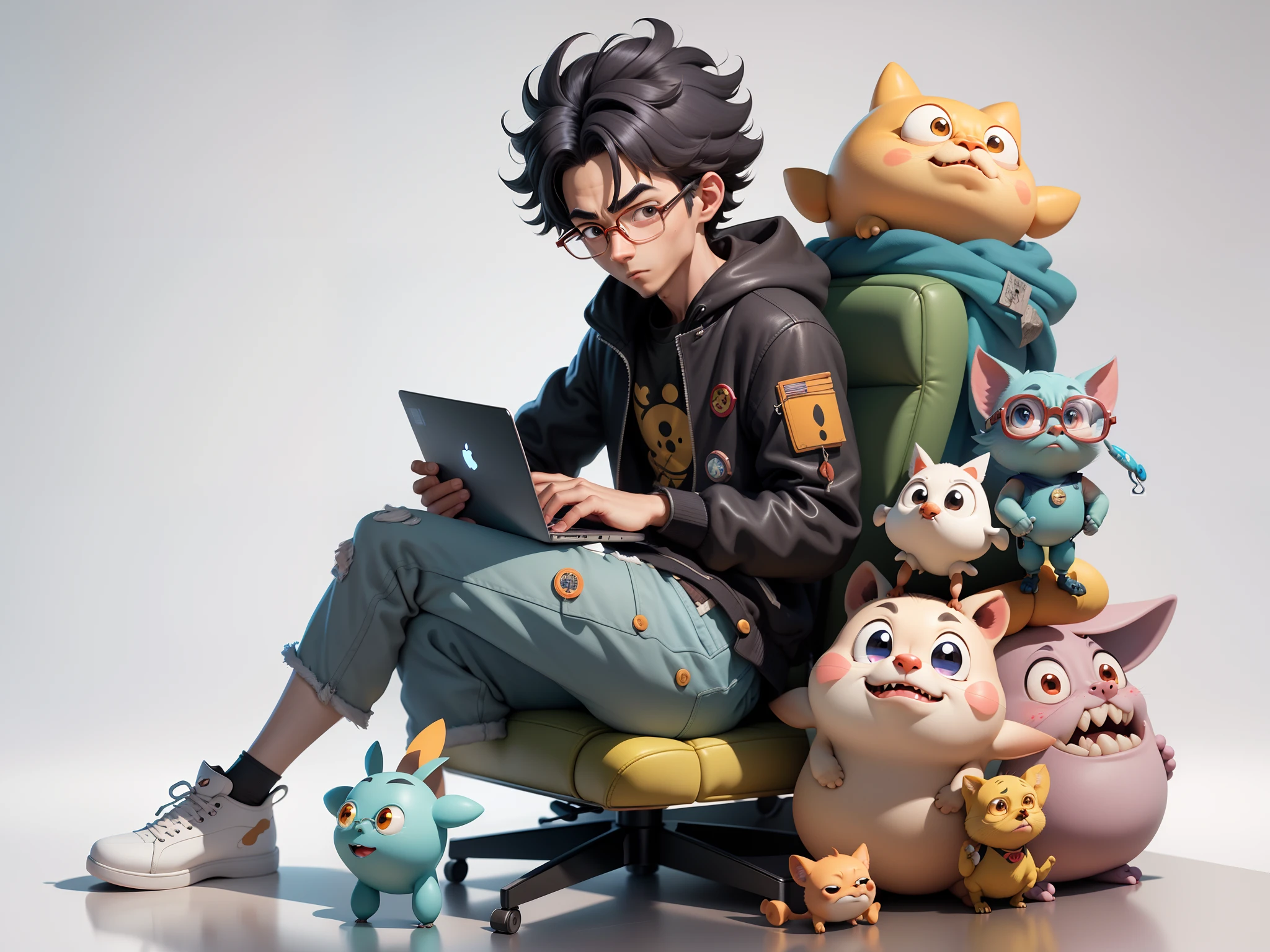 A young man with glasses sits at his desk，holding laptop，digitial painting，3D character design by Mark Clairen and Pixar and Hayao Miyazaki and Akira Toriyama，4K HD illustration，Very detailed facial features and cartoon-style visuals。