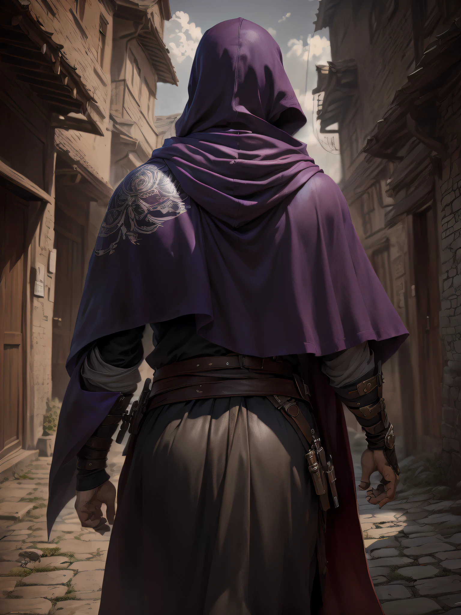 (((masutepiece, Best Quality, Ultra-detailed))), (Male talented assassins, Walk away, Look forward, Solo, Back view, Unapproachable atmosphere, deadpan, Serious, Perfect fingers, Perfect hands), 35 years old, (Long assassin's cloak), Medieval back alley in the background, Dynamic Angle,