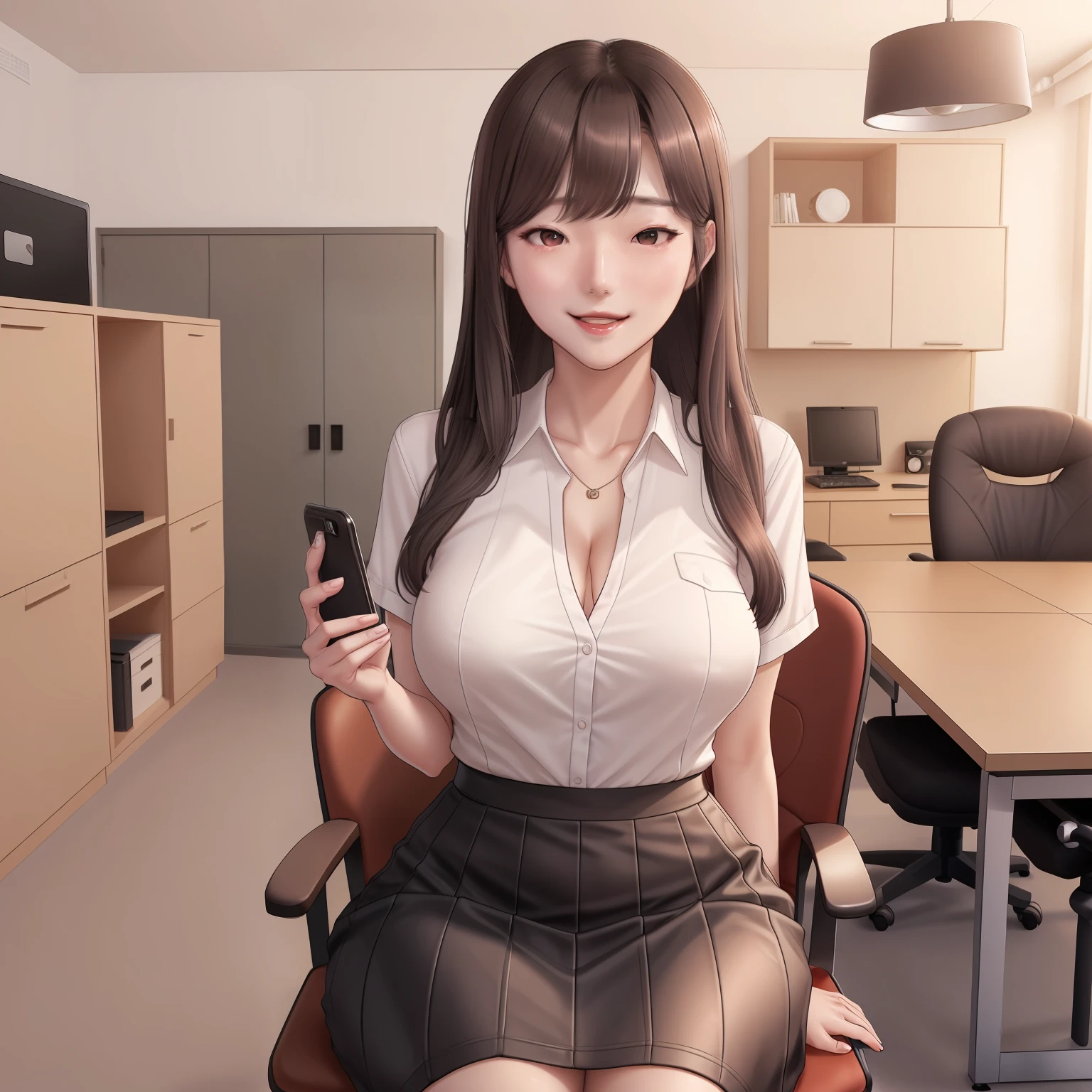 Korean girl,office lady assistant, he tall,sexy pose office lady assistant,long wet brown hair,super big breast,(P cup),age 18,happy,ahegao and smile detailed face,sexy office lady assistant long wet shirt, and skirt outfit,full body,red peach lips,sitting on chair and playing cellphone and selfie pose tongue stuck out on my office,her nose and cheek was red in home,(nfsw:1.5)