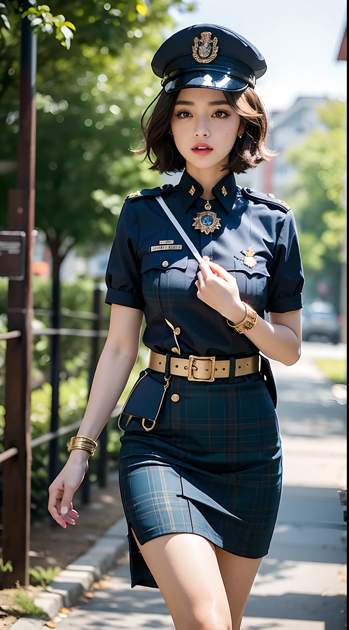nsfw, 8K Raw photograph, best qualtiy, tmasterpiece, 超高分辨率, filmgrain, cinematic ligh, 1girl, looking at viewert, Natural skin texture, Realistic Eyes and Face Details, full pouty lips, lipsticks, (putting makeup on), Red Eyeshadow, Short fluffy hair, messy hair, ssmile, Keep one's mouth shut, beautifullegs, Tall women, being thin, slim_legs, 独奏, army suit,Officer's cap,epaulette,Badge,vague background, bblurry, halter, tartan, short- sleeved, JK ribbon around the neck, JK ribbon, brown hair, bangle, Eau, By bangs, parted lip, cparted lips, depth of fields,walking towards camera,dyna,ventania