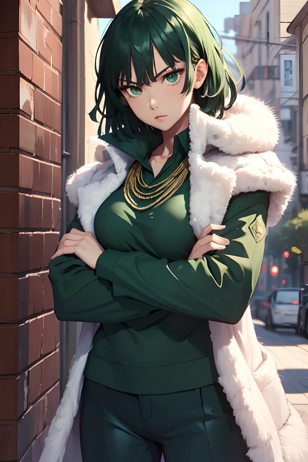 (masterpiece, best quality:1.2), cowboy shot, solo, 1girl, fubuki, expressionless, crossed arms, green hair, taut clothes, fur coat, jewelry, necklace