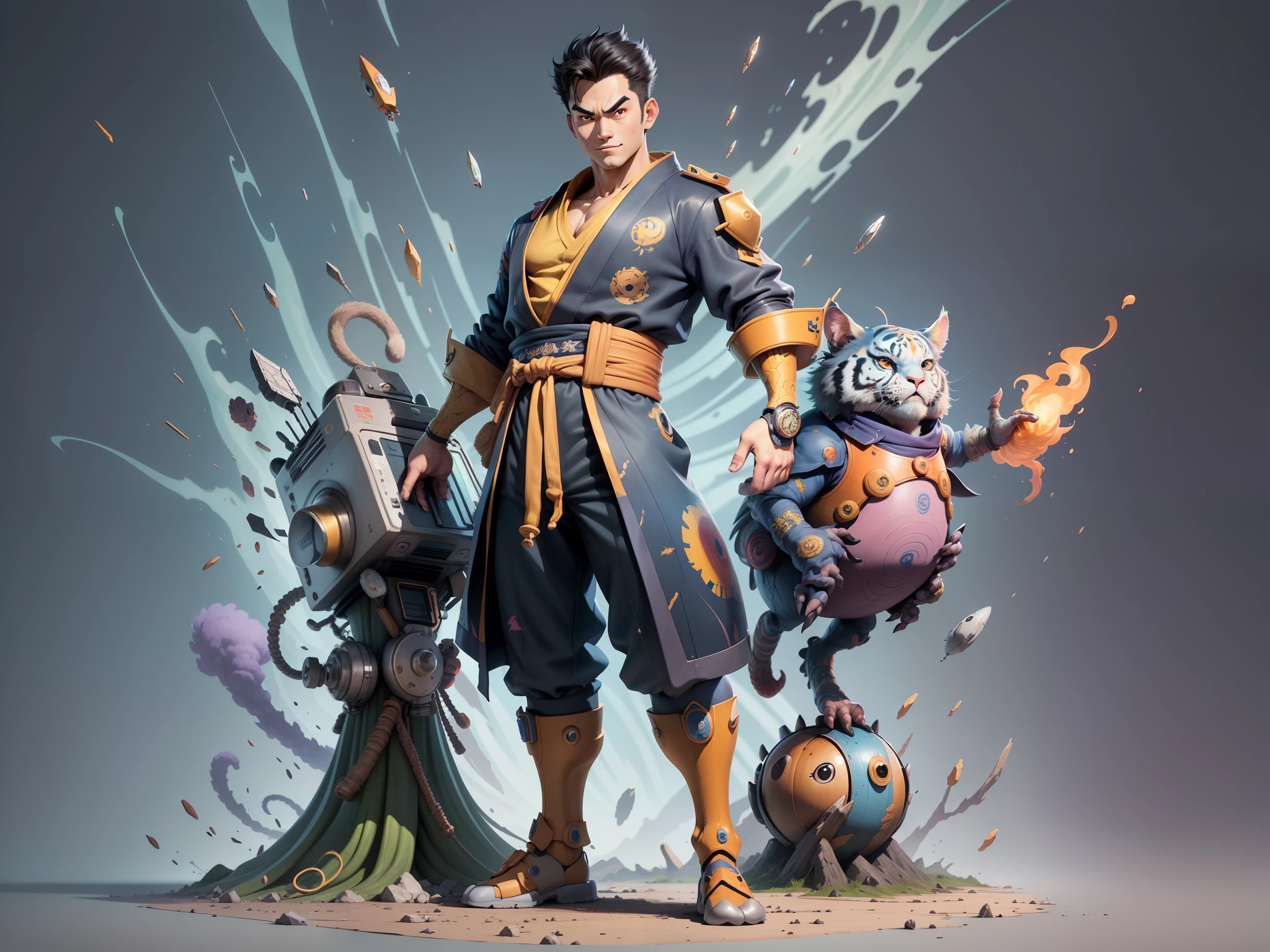 (Masterpiece), (Excellent), (Super Meticulous), (Full Body: 1.2), Super Young Man, Oriental Face, Japanese Kimono, Japanese Wind Thunder God, Dragon, Tiger, TV Anchor, Bust Portrait Illustration, Alone, Black Suit, Blue Tie, Slightly Chubby Face, Very Clean Face, No Beard, Black Super Short Hair, Black Eyes, Confident Smile, 3c Computer Sub-Products, iPad, iPhone, Digital Painting, 3D Character Design by Akira Toriyama and Mark Claireden and Pixar and Hayao Miyazaki, The illustration is a high-definition illustration in 4K resolution with very detailed facial features and cartoon-style visuals.