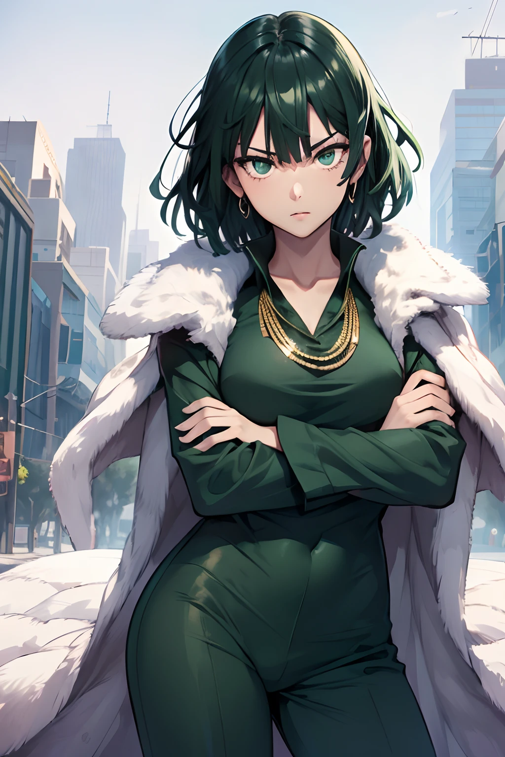 (masterpiece, best quality:1.2), cowboy shot, solo, 1girl, fubuki, expressionless, crossed arms, green hair, taut clothes, fur coat, jewelry, necklace