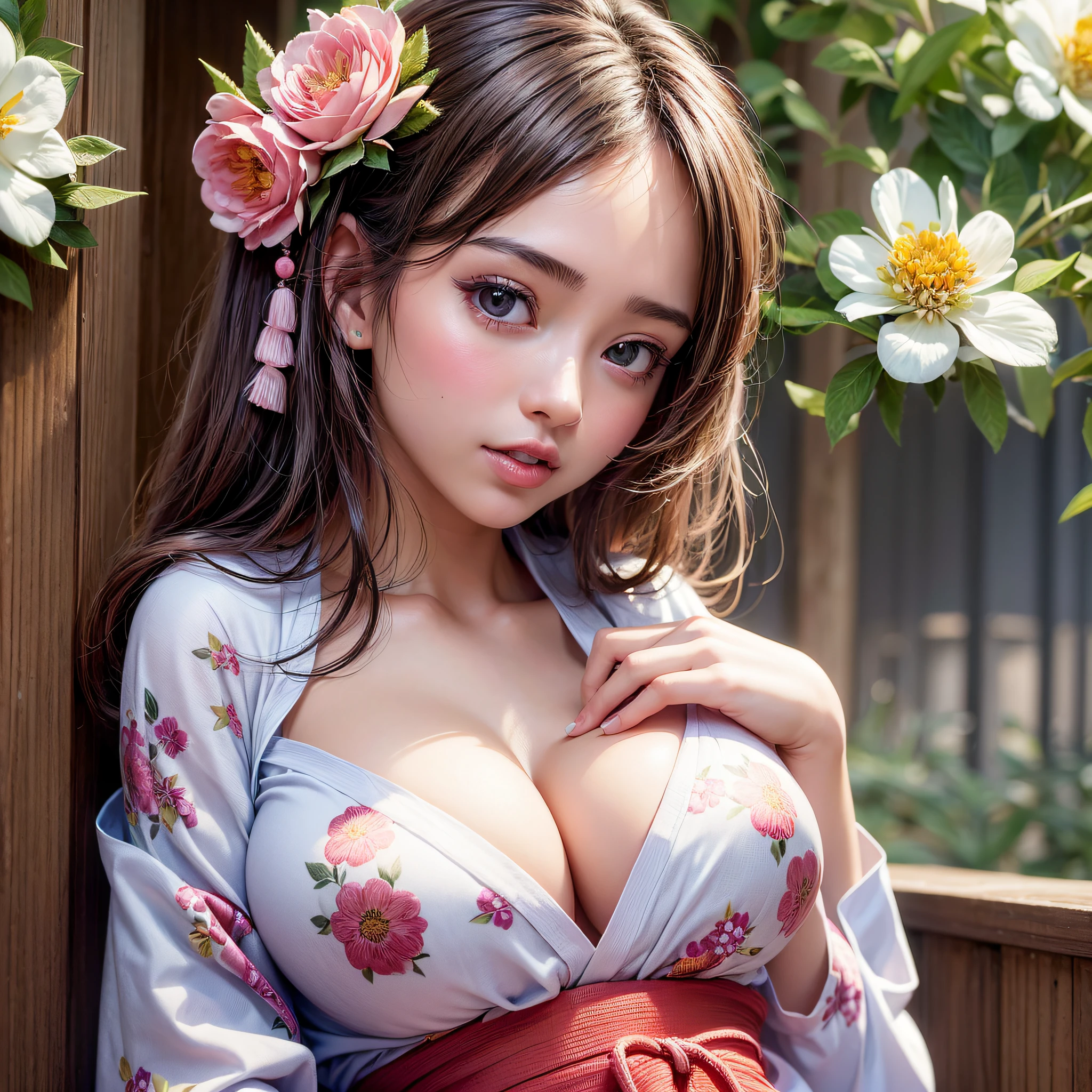 (1girl:1.5), Beautiful girl of the highest grade, Open mouth slightly, Realistic, extremely detailed CG unified 8k wallpaper, ighly detailed, High-definition raw color photos, professional photograpy, Realistic portrait, Cinematic Light, Beautiful detailed, (Big breasts:1.5), (cleavage of the breast:1.2), (Bare shoulders), (Floral yukata with wide open chest:1.5), bared  chest, Outdoors, Night, (Best Quality:1.4), Super Detail, High quality, masterpiece