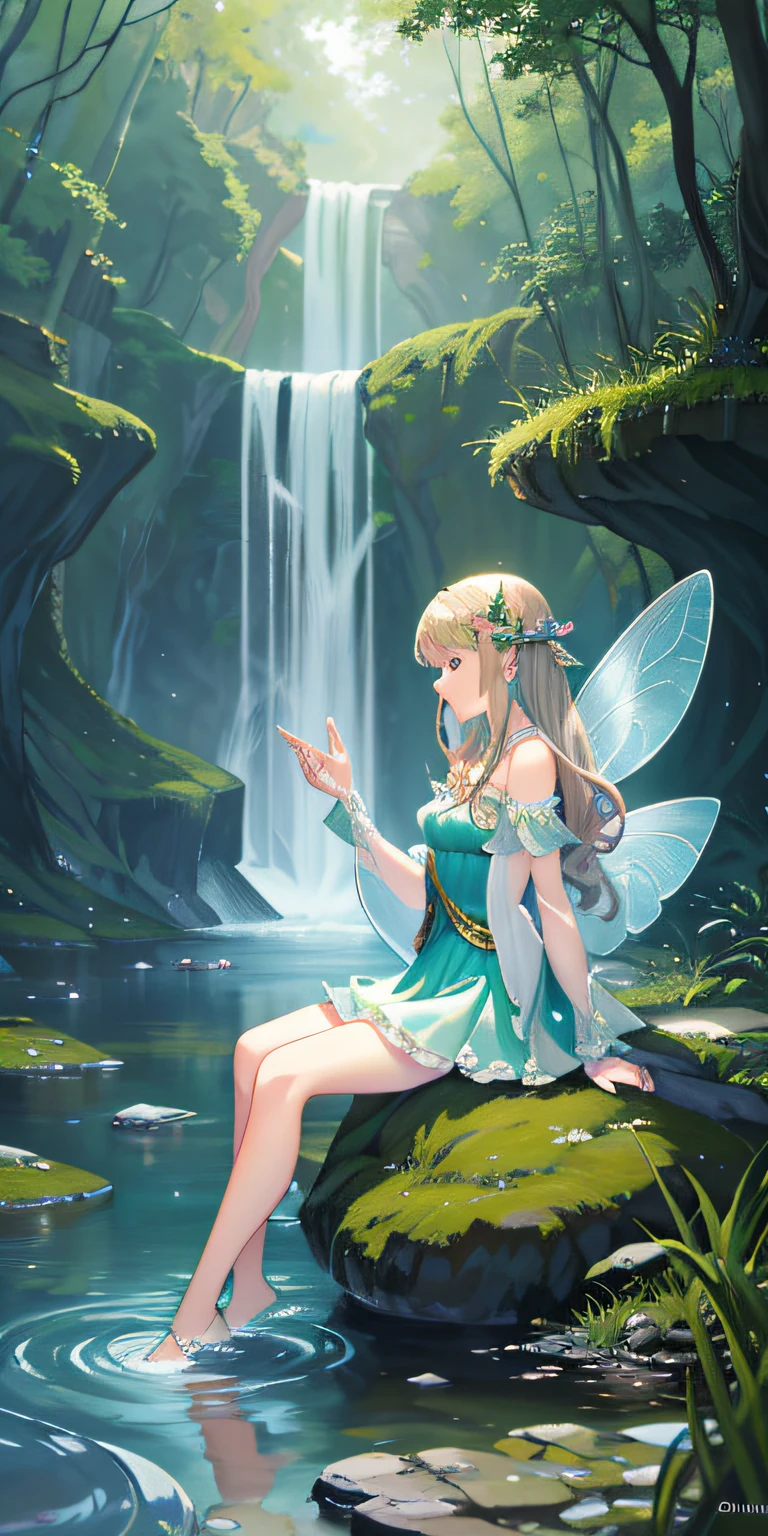 There are fairies sitting on rocks in the water, Beautiful fairy, A beautiful artwork illustration, Fantasy art style, portrait of fairy, water fairy, portrait of a fairy, Beautiful digital illustration, fairy cgsociety, Beautiful digital artwork, Anime fantasy illustration, magical fairy background, forest fairy, adolable