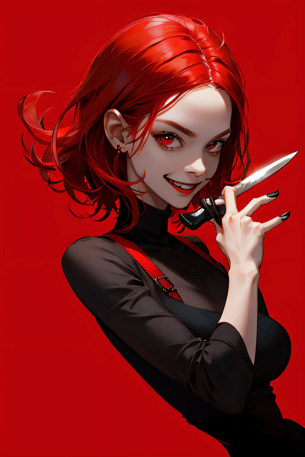 top-quality, 1 girl, a knife, scary smile, red hair, red background, red and black