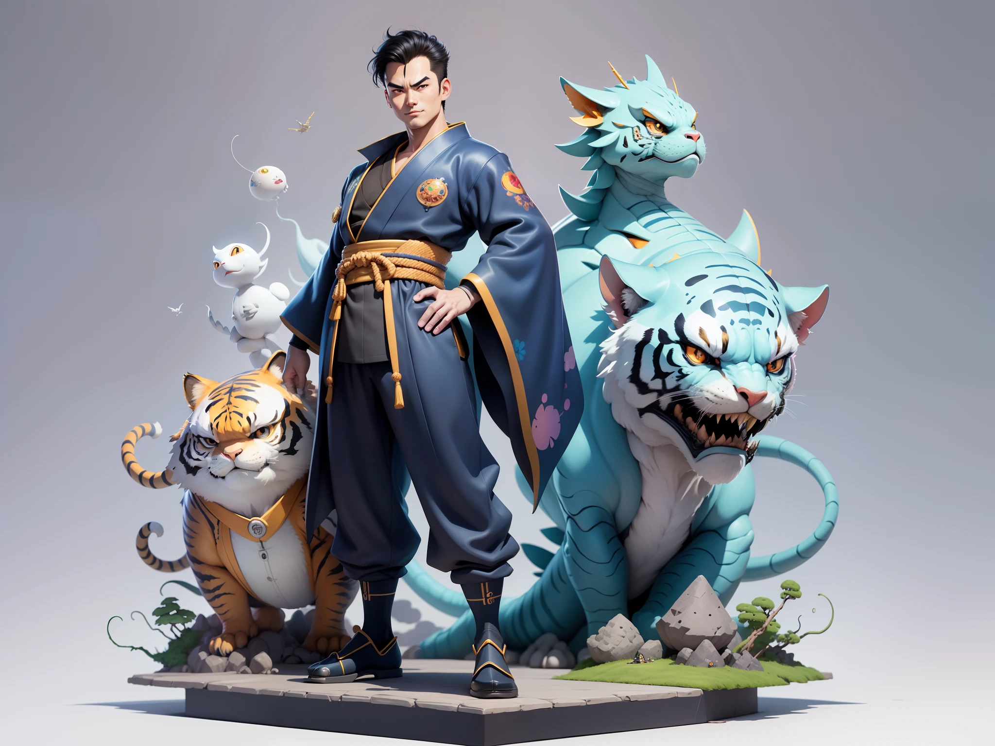 (Masterpiece), (Excellent), (Super Meticulous), (Full Body: 1.2), Super Young Man, Oriental Face, Japanese Kimono, Japanese Wind Thunder God, Dragon, Tiger, TV Anchor, Bust Portrait Illustration, Alone, Black Suit, Blue Tie, Slightly Chubby Face, Very Clean Face, No Beard, Black Super Short Hair, Black Eyes, Confident Smile, 3c Computer Sub-Products, iPad, iPhone, Digital Painting, 3D Character Design by Akira Toriyama and Mark Claireden and Pixar and Hayao Miyazaki, The illustration is a high-definition illustration in 4K resolution with very detailed facial features and cartoon-style visuals.