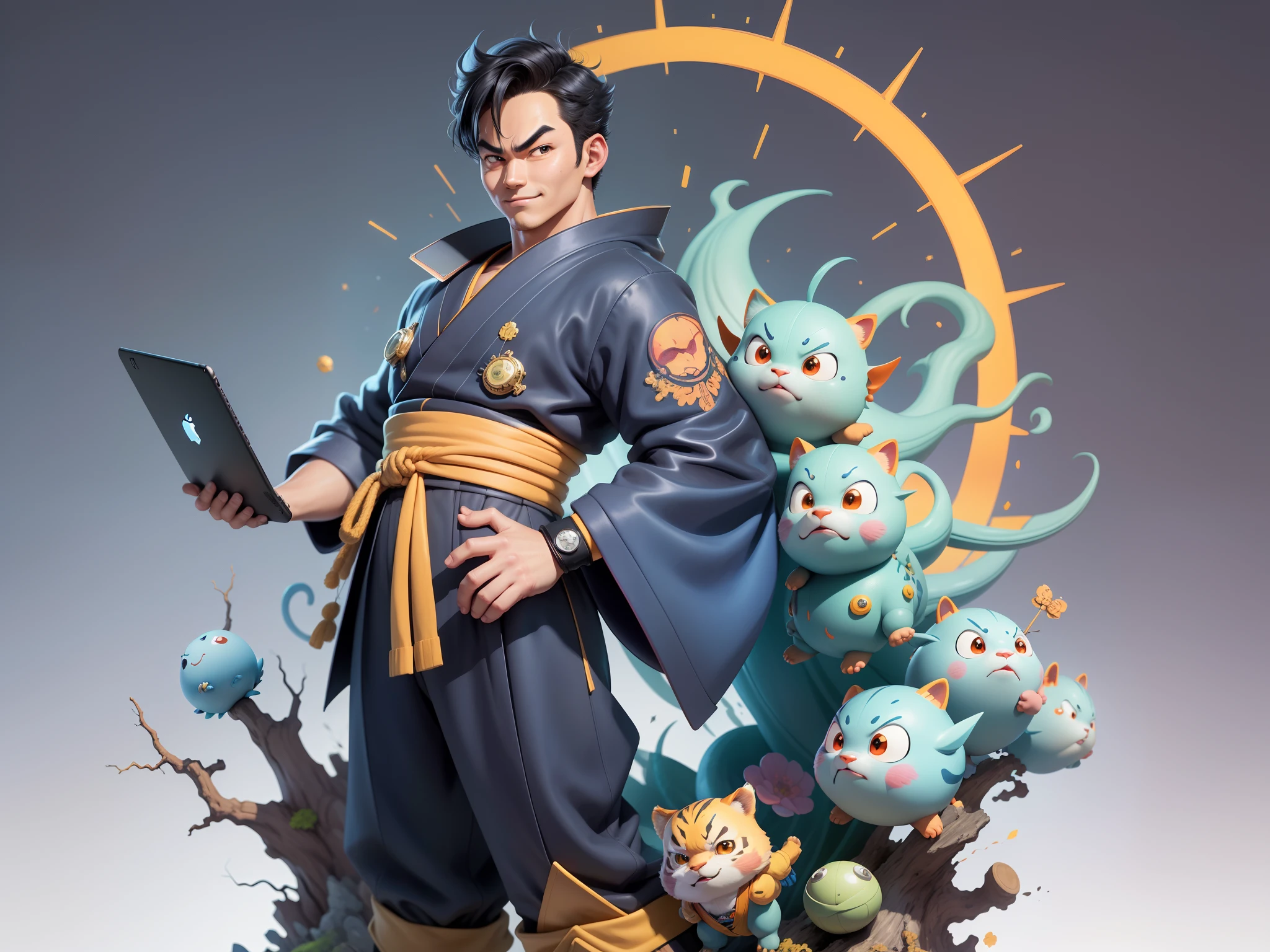 (Masterpiece), (Excellent), (Super Meticulous), (Full Body: 1.2), Super Young Man, Oriental Face, Japanese Kimono, Japanese Wind Thunder God, Dragon, Tiger, TV Anchor, Bust Portrait Illustration, Alone, Black Suit, Blue Tie, Slightly Chubby Face, Very Clean Face, No Beard, Black Super Short Hair, Black Eyes, Confident Smile, 3c Computer Sub-Products, iPad, iPhone, Digital Painting, 3D Character Design by Akira Toriyama and Mark Claireden and Pixar and Hayao Miyazaki, The illustration is a high-definition illustration in 4K resolution with very detailed facial features and cartoon-style visuals.