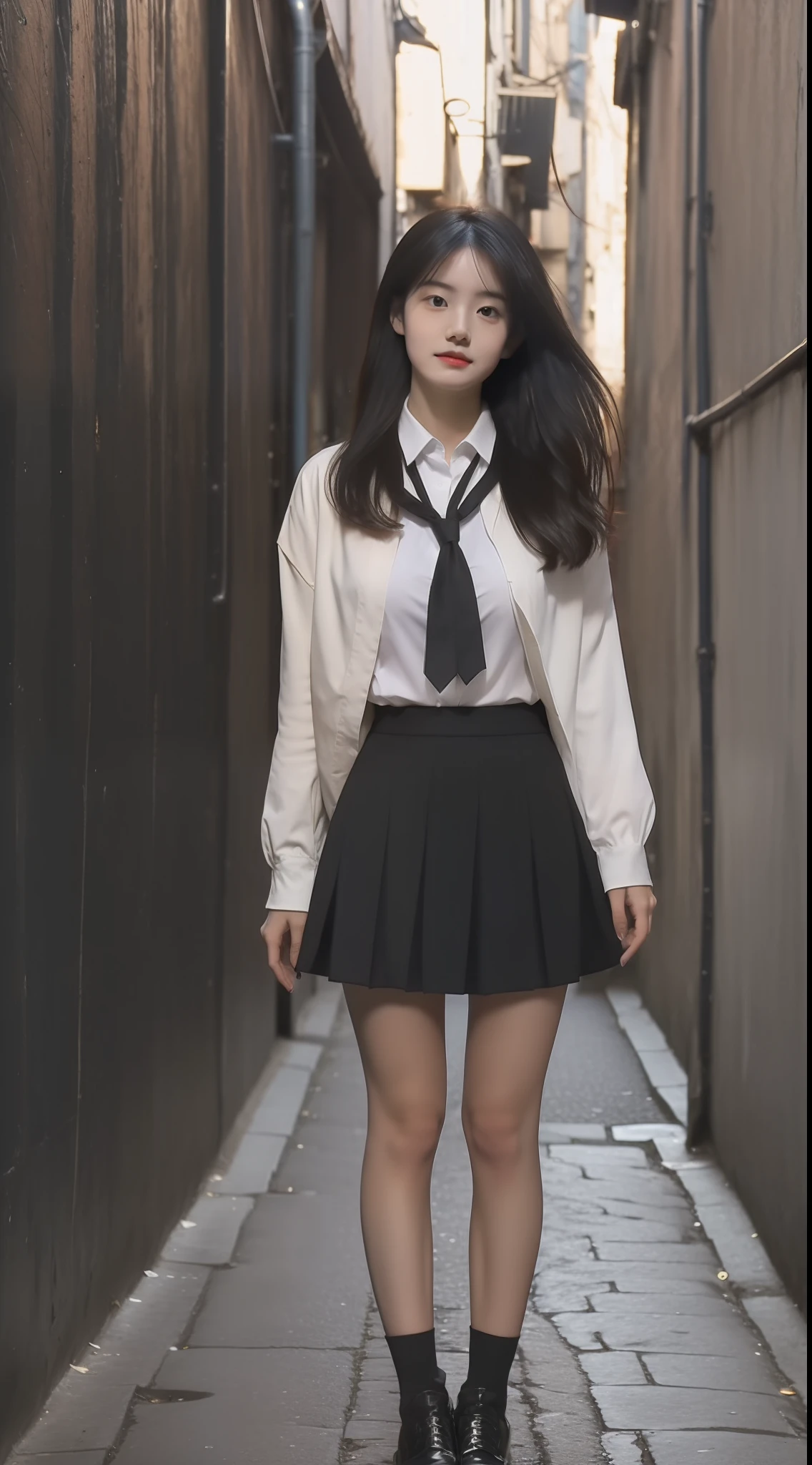 Quality Improvemen ((Top Quality, 8k, Masterpiece: 1.3)), Crisp Focus: 1.2, 1 Beautiful girl with Perfect Figure: 1.4, Slender Abs: 1.2, Highly Detailed Face and Skin Texture, japanese school girl, Black hair, Very long hair, ((Gigantic breast : 1.9)), (Big butt), White shirt, black tie, very short black skirt, shoes, in a narrow alley, midnight, night, darkness, low lighting
