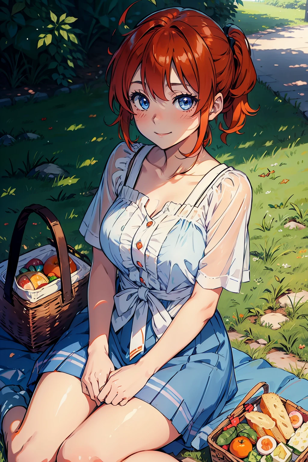 Ryuuguu Rena, Higurashi no naku koro ni, blue eyes, orange hair, medium hair, white dress, cute, picnic blanket, sit, picnic, looking at viewer, blush, smile, happy, pov, date, sandwich, romantic, solo