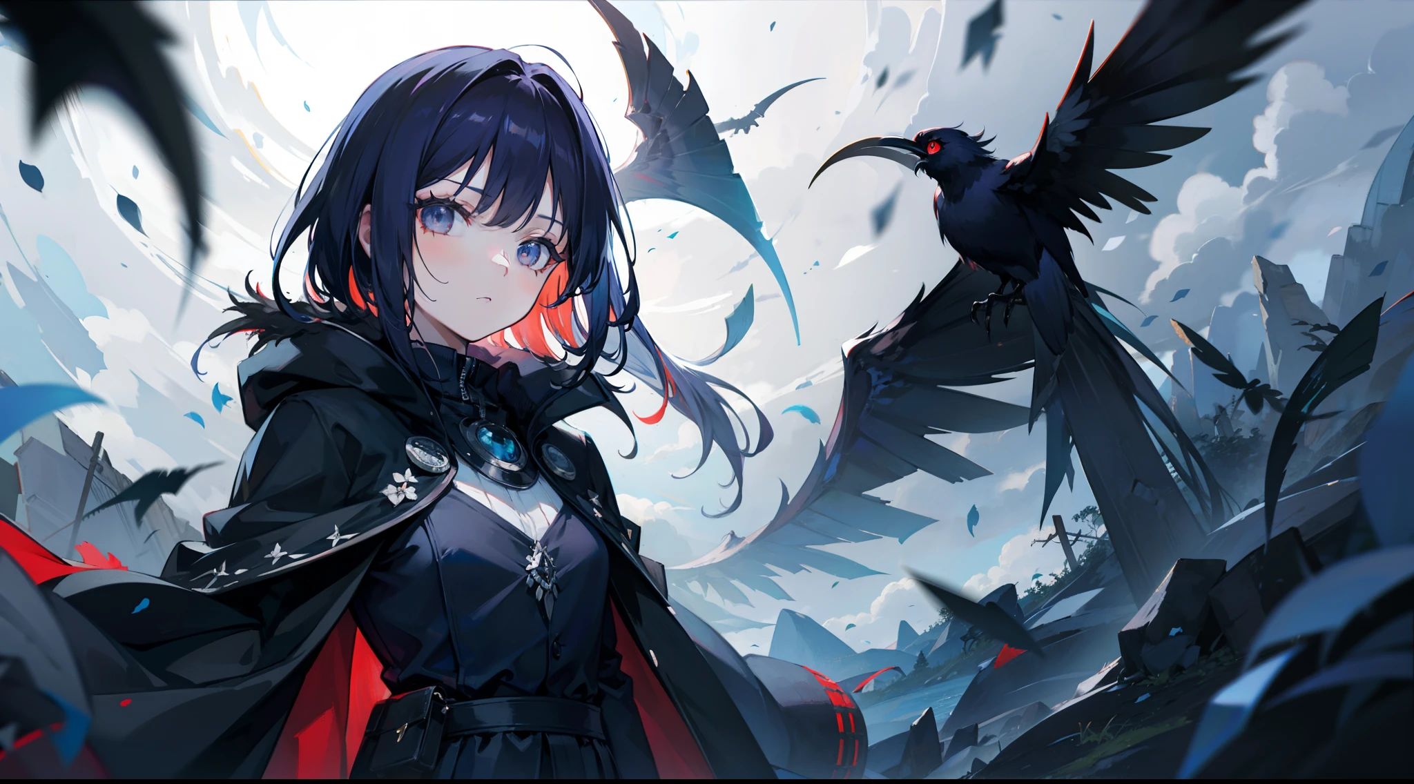 Woman, mage, short dark blue hair with, badass magician clothes, arcanist, mage black hat, sword, hot dress, green eyes, big eagle
