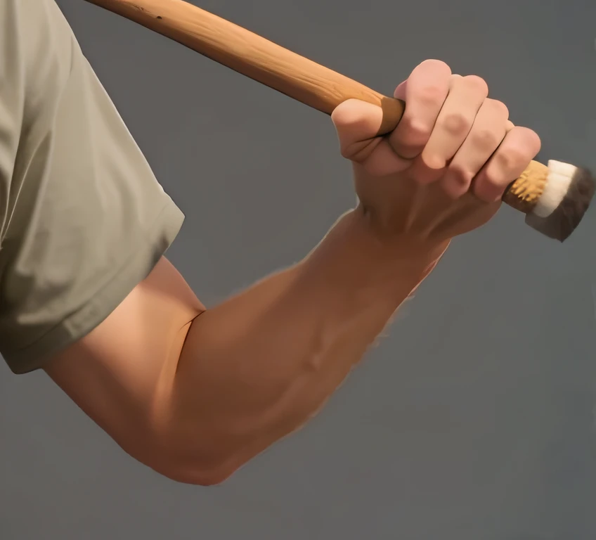 Someone had a baseball bat in his hand,Strong arm lines,Wearing a green shirt, holding a wooden staff, holding a Baseball Bat, holding a staff, holding a thick staff, holding cane, holding an axe, Holding an axe, holding a Baseball Bat!!, Holding a spear, holding a big two - handed staff, holding an cane, Wield an axe in each hand