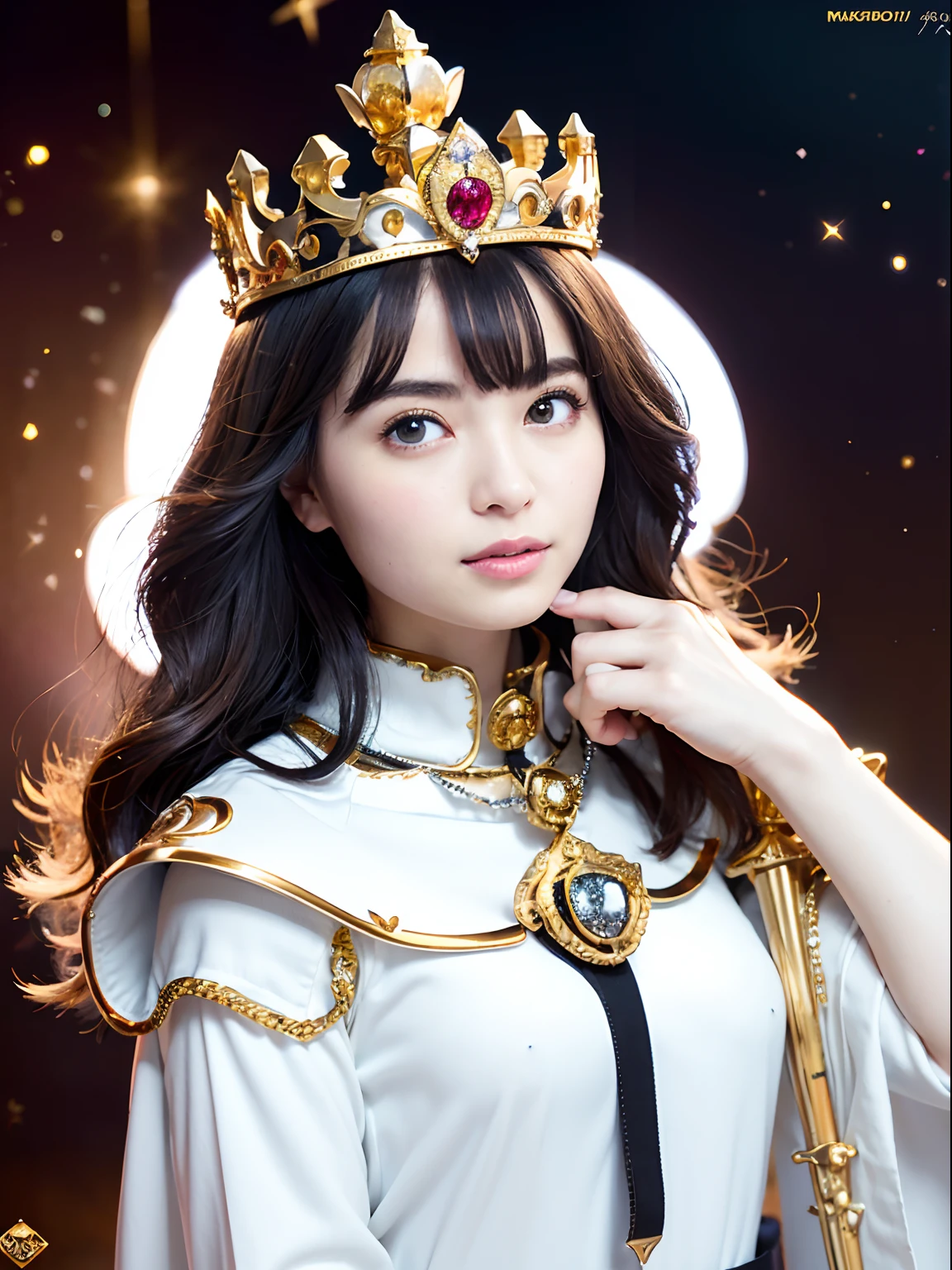 (masutepiece), Professional , ​masterpiece、top-quality、photos realistic , depth of fields （Gemstone Silver Metal Body:1.９),(Matte White、Jewel Gold Weapon（Jewel Metal Body:1.４),Gorgeous metal weapons ,（Swarm of goblins）、 Detailed Sword of the Brave , Beautiful knife   ,warhammer 40k , adepta sororitas,Detail and ornate jewel crown、Black hair、Gangle's forest background、Beautiful Caucasian beauty、１a person、dynamic ungle,(((Detailed and ornate diamond crown)))、Smaller head、A smile、Take a sexy pose、Background inside the castle、Thin and beautiful female hands、cyanide light particles、