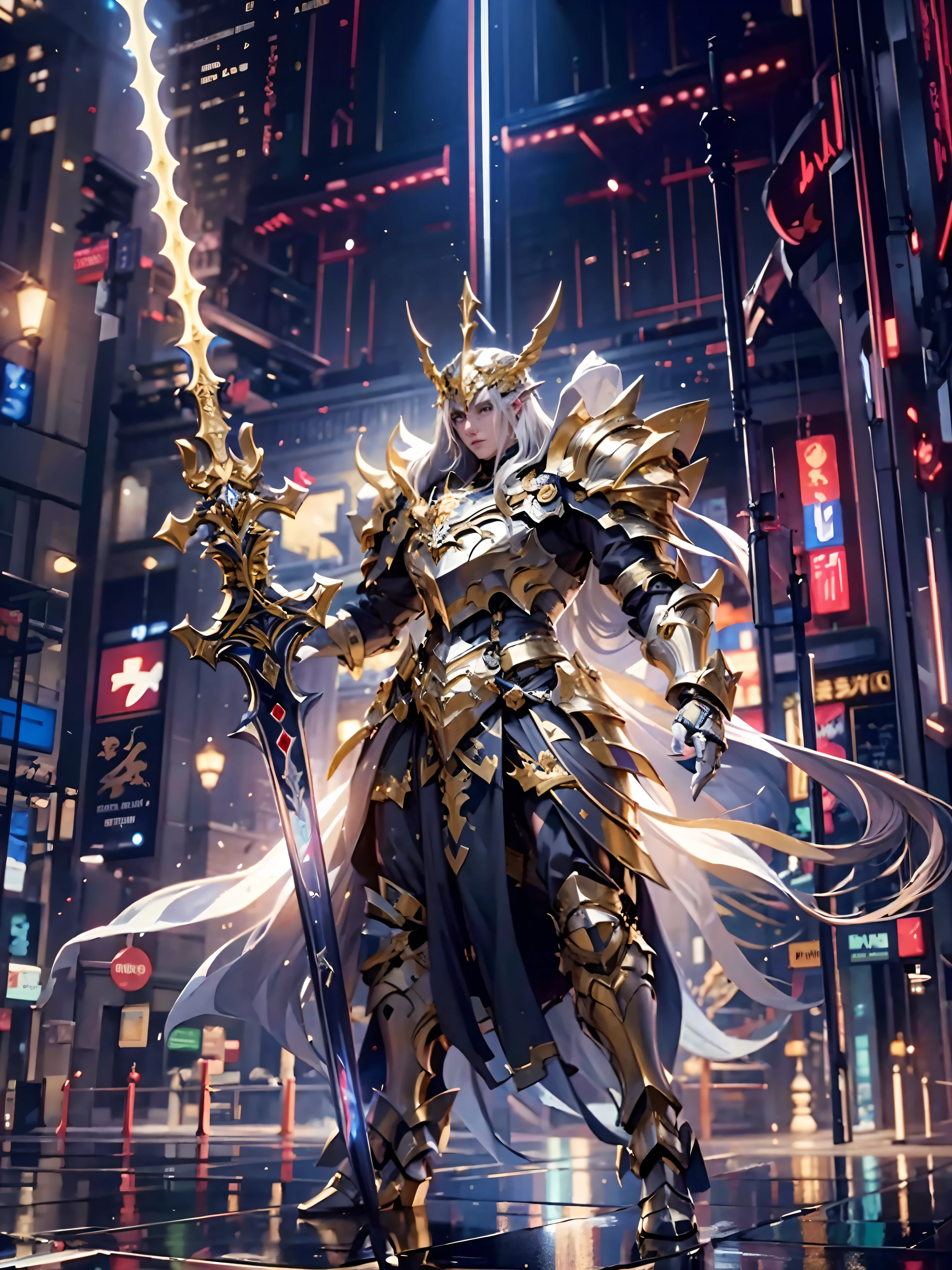 ultra wide shot, full body shot, (masterpiece, best quality), A paladin holding a light infused sword, light magic, divine, magewave, silver and gold, 4k, dark cityscape, Fujifilm, Beautiful detail background, Ultra detailed, Great composition, movie lights