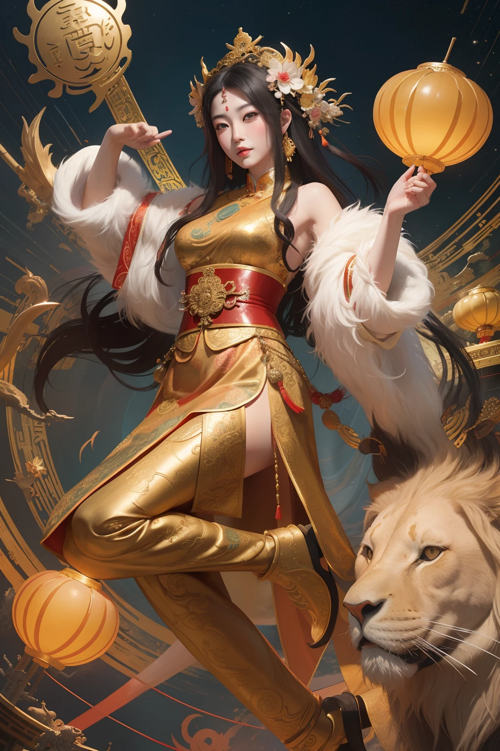 an ancient Chinese goddess, guanyin of the southern seas, Guanyin, Inspired by China, Avalokiteshvara rides a lion，,Serene expression,shui mo hua,Buddha,Buddhist,Lotus,Chinese painting style,Thangka style