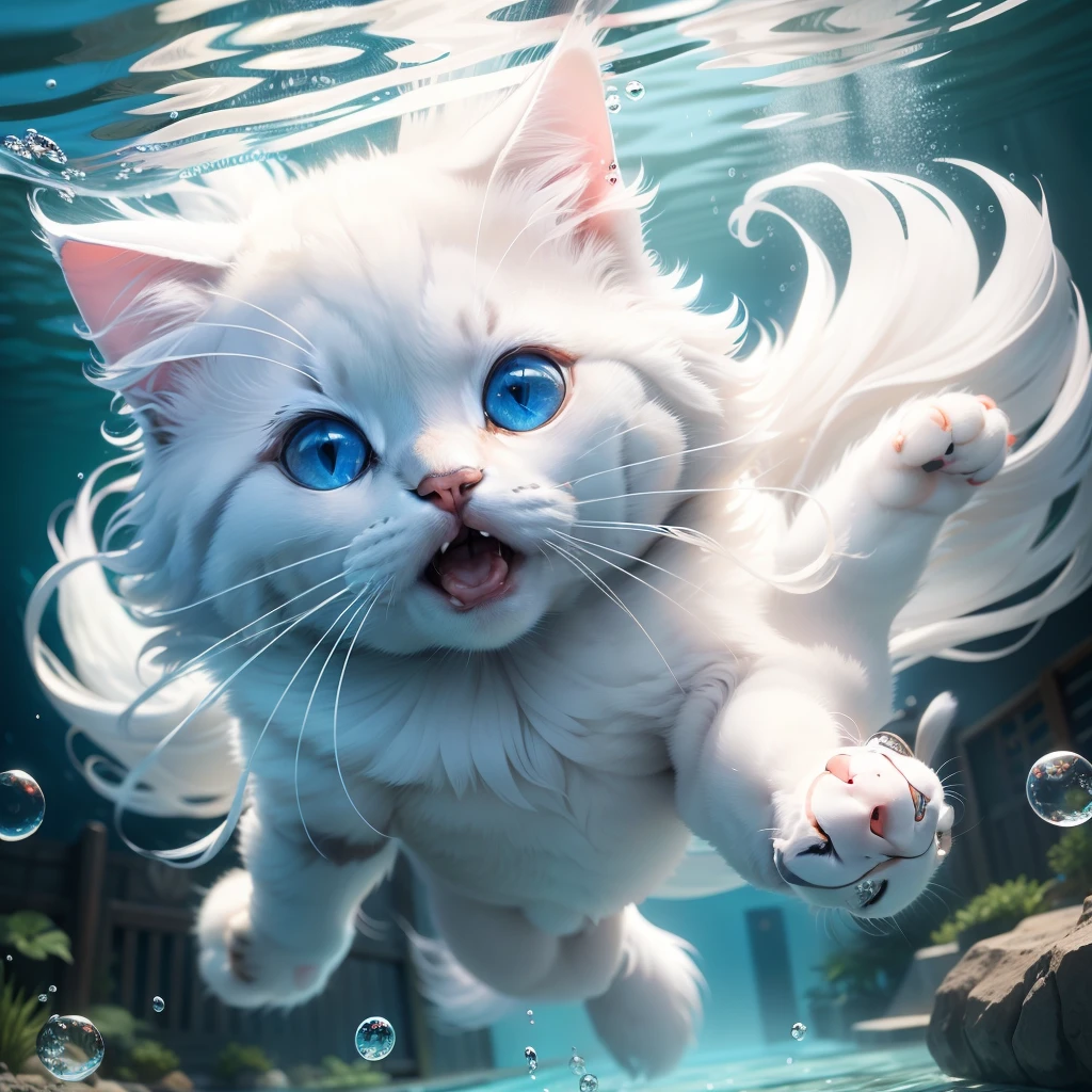 Ragdoll cat, MG mao, Exquisite visuals, hight resolution, Masterpieces, Fish, whiskers, Blue eyes, No humans, animal focus, Open mouth, Looking at Viewer, White cat, under the water, Bubble, Solo, Swimming, goldfish, under the water,