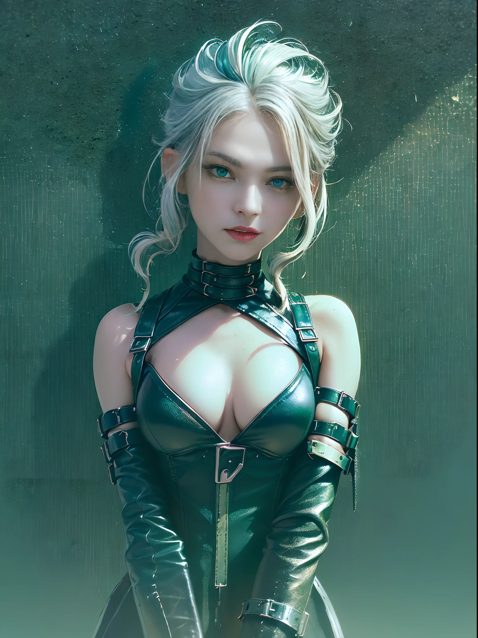 ((((Buckles, Straps)))), Seductive, ((Black leather)), (((((Succubus))))), Slightly happy, Short hair, (((white hair))), ((white hair with ((blue tips)))), blue dye, ((((((green eyes)))))), ((small breasts)), best quality, high-res, masterpiece, (((mature, woman))), solo, 1 girl