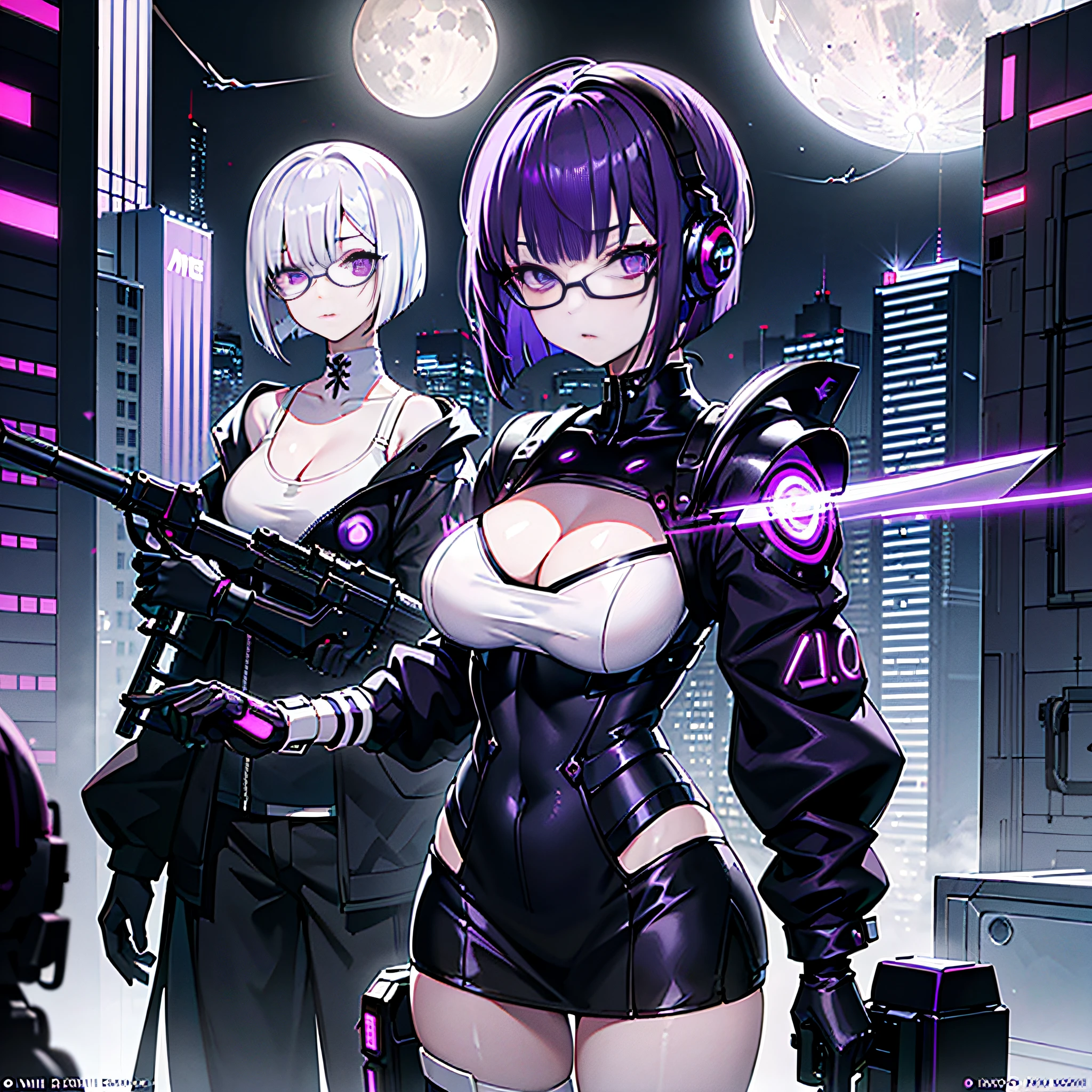 Slender face、long eyeslashes、finely eye、(a short bob:1.3)、(Aimei:1.3)、(Purple hair and white mesh:1.2)、Large cleavage、Slimed、natta、a moon、Cyberpunk、cyber punk Girl、takeout、Cyber City、Black Mechanical Suit、Robot Girl、Black Mechanical Suit、Weapon equipment、big weapon、guns、eye glasses、head phone