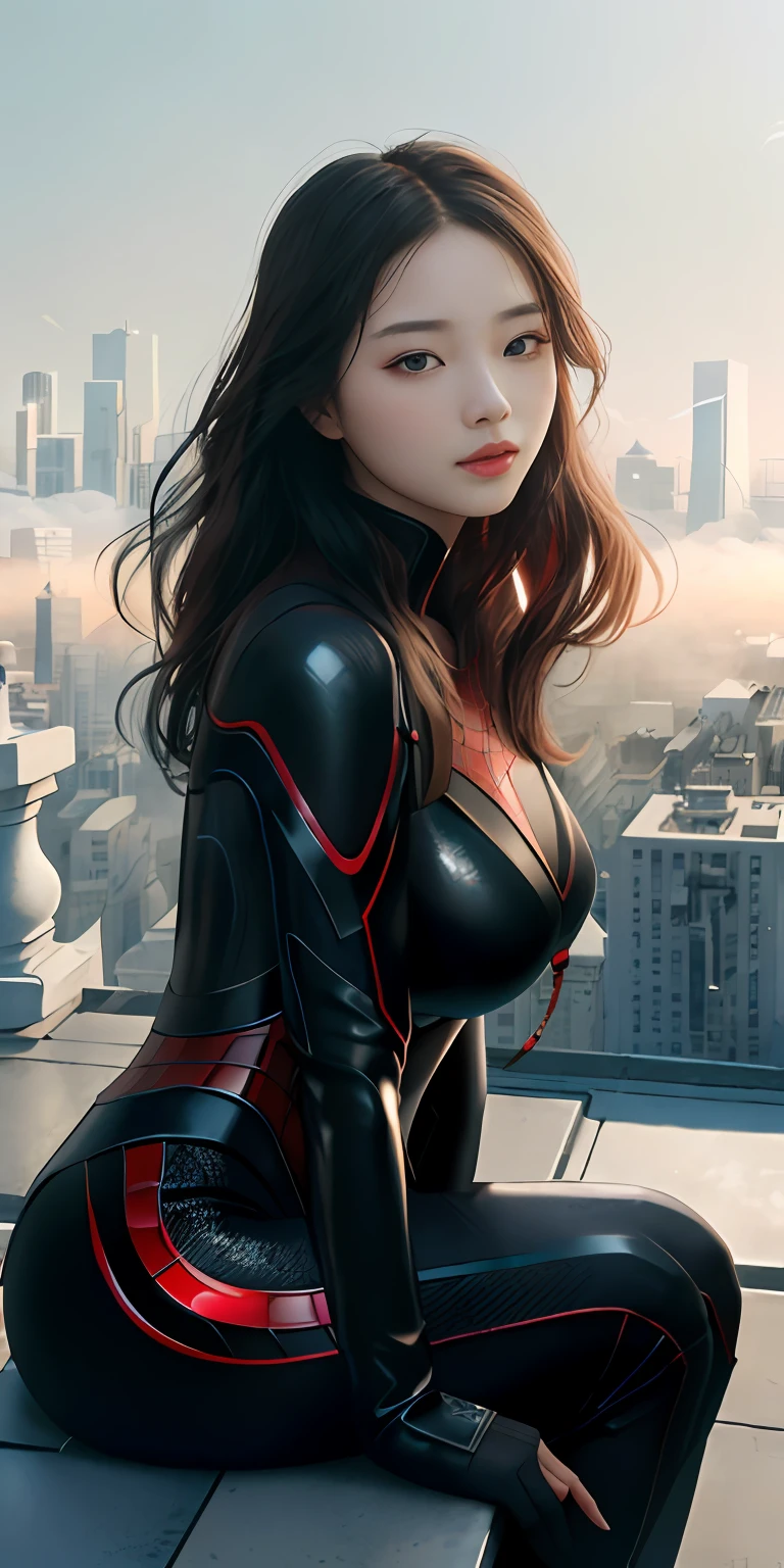 （1girl：1.3）， 独奏， （（（very vey very detailed face））），（（very detailed eyes and faces））），beatiful detailed eyes，Body parts__，offcial art，Unified 8k wallpaper，ultra-detailliert，Beautiful and beautiful，big breasts beautiful，tmasterpiece，best qualtiy，primitive，tmasterpiece，ultra fine photos，best qualtiy，超高分辨率，photorealistic realism，rays of sunshine，full-body portraits，stunningly beautiful，，dynamicposes，delicated face，vibrant eyes，（from the front side）， She wears a Venom Spider-Man suit，Red and black color scheme，arachne，Very detailed city roof background， Roof，looking over city，详细的脸，detailed complex busy background，untidy，opulent，milkyW，highly detailedskin，Realistic details of skin，Visible pores，Clear focus，volume fog，8k uhd，digital SLR camera，high qulity，filmgrain，White skin of the，photo-realism，lomography，A huge metropolis of the dystopia of the future， semi transparent