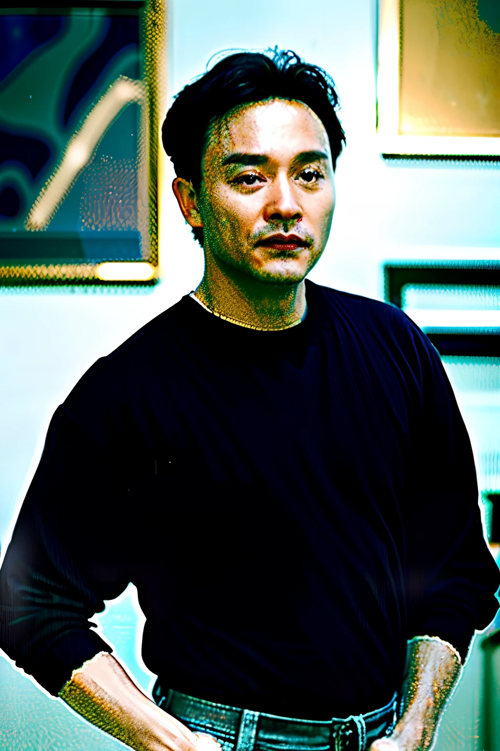 best quality, ultra high res, (photorealistic:1.4), masterpiece, blurry background,indoors,1boy,40 years old,standing ,(looking at viewer), black shirt,