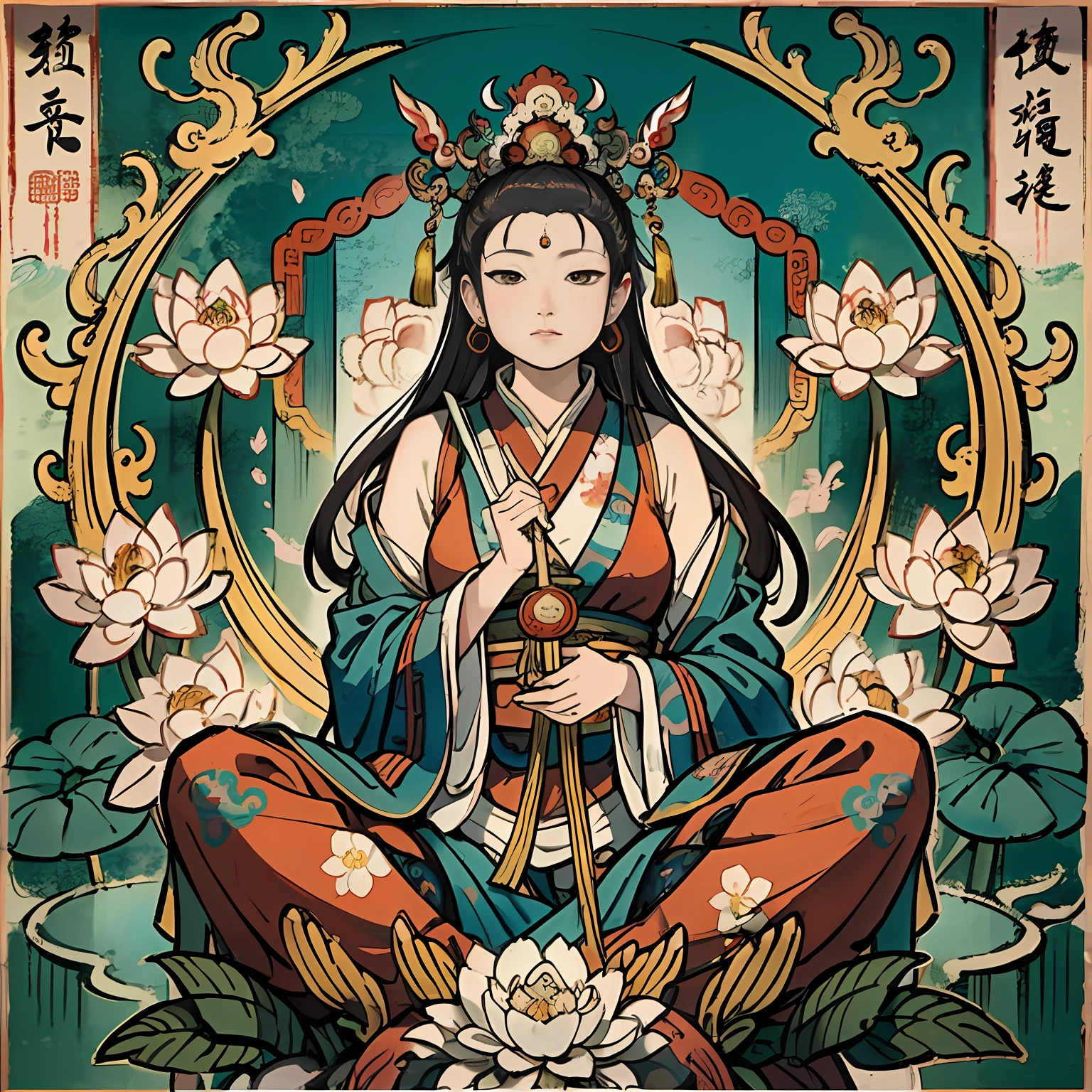 an ancient Chinese goddess, guanyin of the southern seas, Guanyin, Inspired by India, Avalokiteshvara Bodhisattva Lion，,Serene expression,shui mo hua,Buddha,Buddhist,Lotus,Chinese painting style,Thangka style