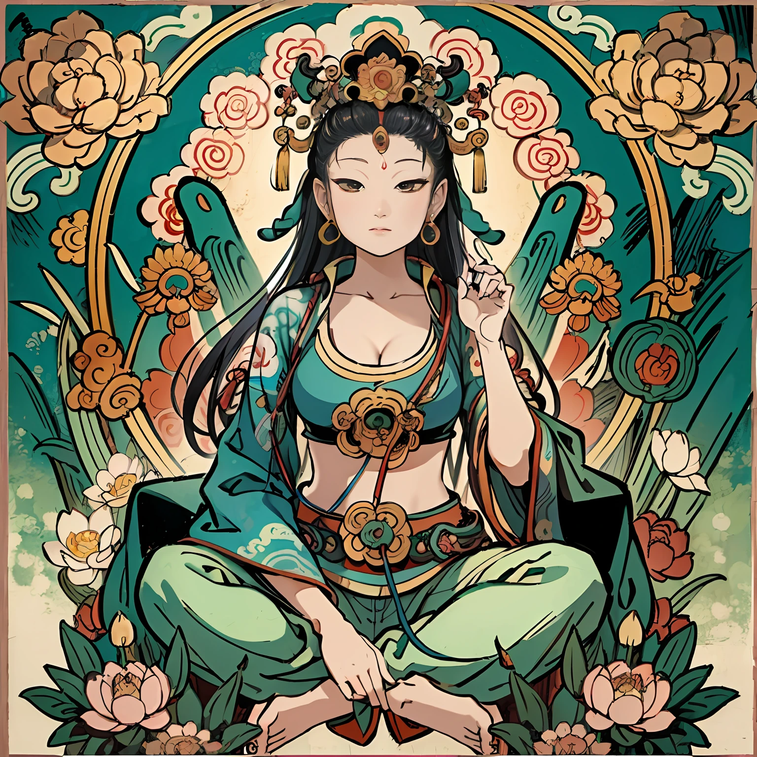 an ancient Chinese goddess, guanyin of the southern seas, Guanyin, Inspired by India, Avalokiteshvara Bodhisattva Lion，,Serene expression,shui mo hua,Buddha,Buddhist,Lotus,Chinese painting style,Thangka style