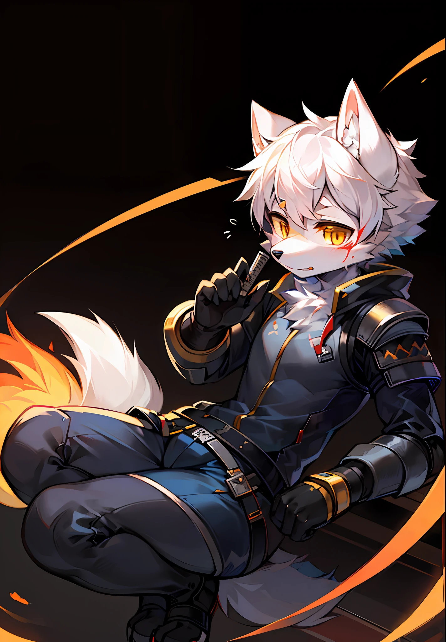 epcot,cyber punk perssonage,Mechanical wind,full bodyesbian,Young Wolf,人物,tmasterpiece,furry tail,Highest image quality,8k,Full HD background,cartoony,adolable,blood vess,With a long knife、intercom,Wearing body armor kemono,male people,a plush,furry,White fur,White body,White ears,Orange-yellow eyes,solo person, Wolf tail, Wolf ears, ((half-body portrait)),Soft lines,Soft lines of clothing