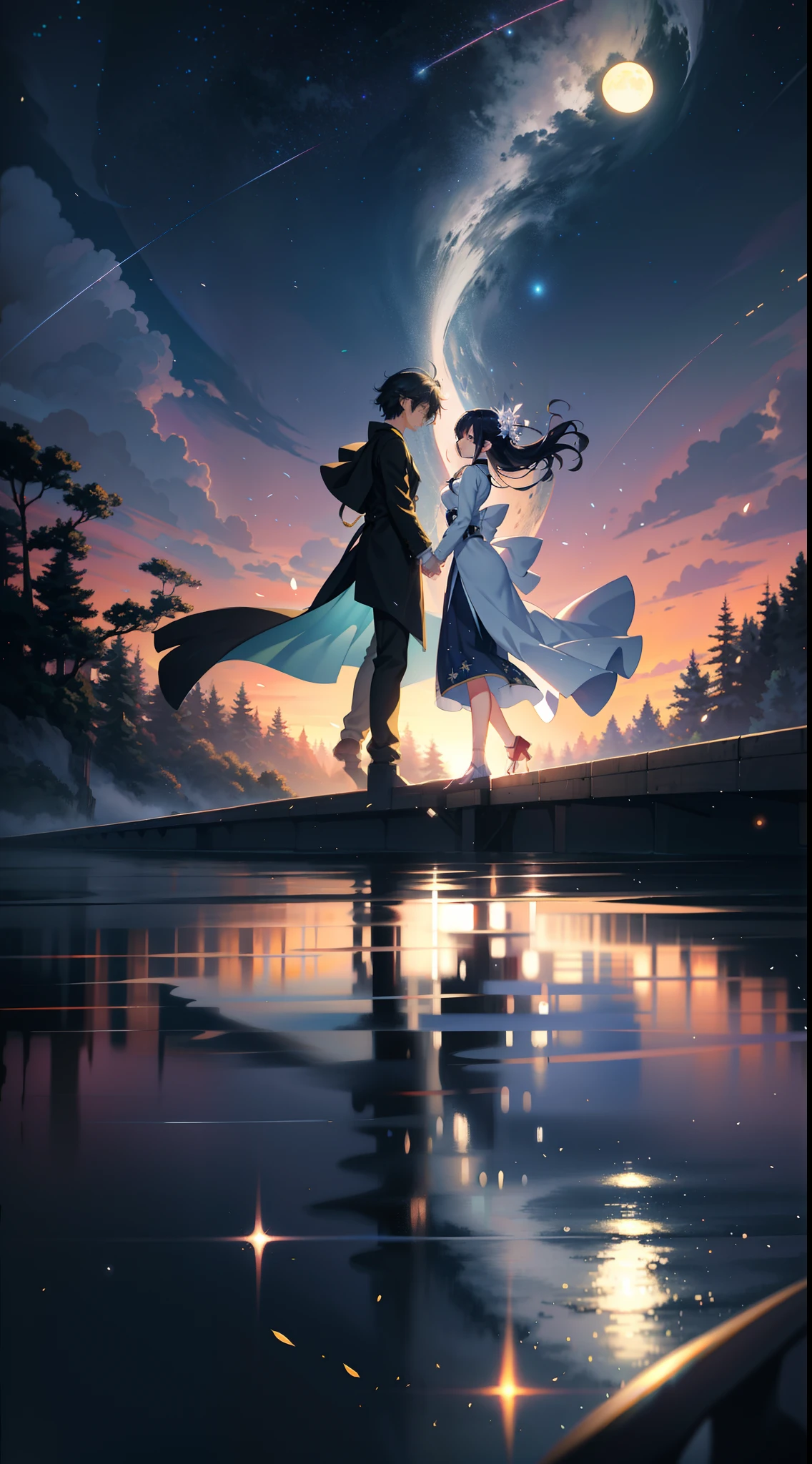 Painting of a couple together in moonlight,The concept art was inspired by Tosa Mitsuoki,Pixiv competition winner,best qualtiy,Fantasyart,beautiful anime scenes,A huge bright moon,There is a wooden bridge in the moonlight,There is a couple holding hands on the bridge,Trench coats and long skirts,black color hair,Back Shadow,Surrounding forest,glowworm,blossoms,starlights,Dream painting,Anime background art,dream scenery art,Fantastic night, anime backgrounds, background artwork, dreamlike art, Atmospheric anime, starrysky,Detail enhancement。