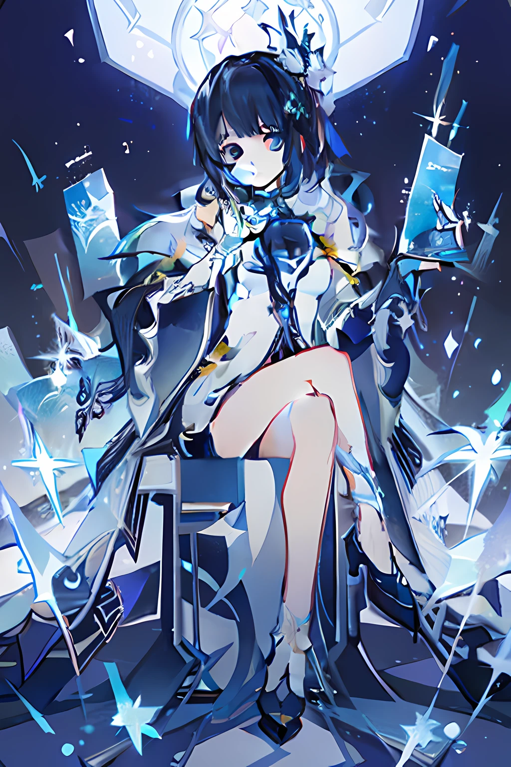 In the starry sky，A girl sitting，Wearing a long white dress and white and blue gradient pupils。，Has a long cloak。Surrounded by stars，light particules，The picture is dreamy，Standing painting style。