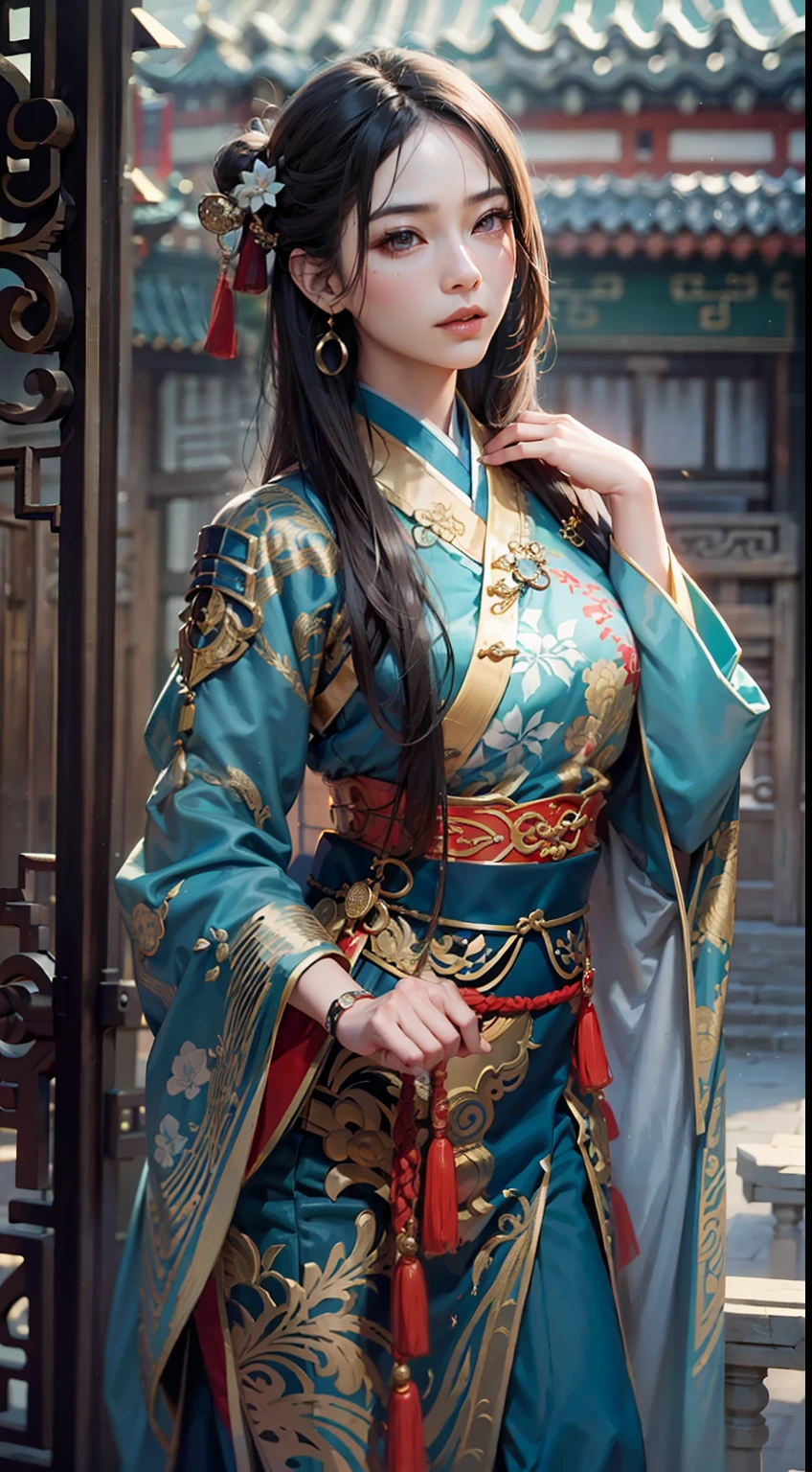 Ancient Chinese architecture,National style beautiful girl,wearing a hanfu,swordsmen,Xianxia,Beautiful,fantasy,Ethnographic style, mythological style,Mixed Chinese and American races,The background is blurred out,focal,电影灯光,(((tmasterpiece))), ((best qualtiy)), ((Complex and detailed)), ((ultra-realistic realism)), Ridiculous resolution, A MILF, Mature woman, ssee-through, highly detailed, illustratio, 1girll, (mediuml breasts), Thin waist and thick hips,long leges,beatiful detailed eyes, short detailed hair, brunette color hair, a purple eye, (Hanfu:1.2), Armour,Garments with complex textures,Chinese jewelry,(No underwear),pantiess, detailed back ground, perfect eyes, Seductive eye, (nice hand),Detail hands,looking at viewert,From the front,Wear light,