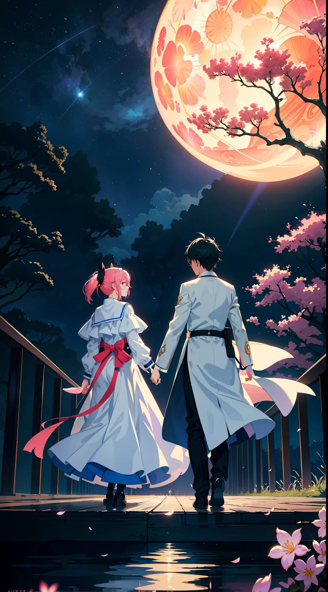 Painting of a couple together in moonlight,The concept art was inspired by Tosa Mitsuoki,Pixiv competition winner,best qualtiy,Fantasyart,beautiful anime scenes,A huge bright moon,There is a wooden bridge in the moonlight,There is a couple holding hands on the bridge,Trench coats and long skirts,black color hair,Back Shadow,Surrounding forest,glowworm,blossoms,starlights,Dream painting,Anime background art,dream scenery art,Fantastic night, anime backgrounds, background artwork, dreamlike art, Atmospheric anime, starrysky,Detail enhancement。