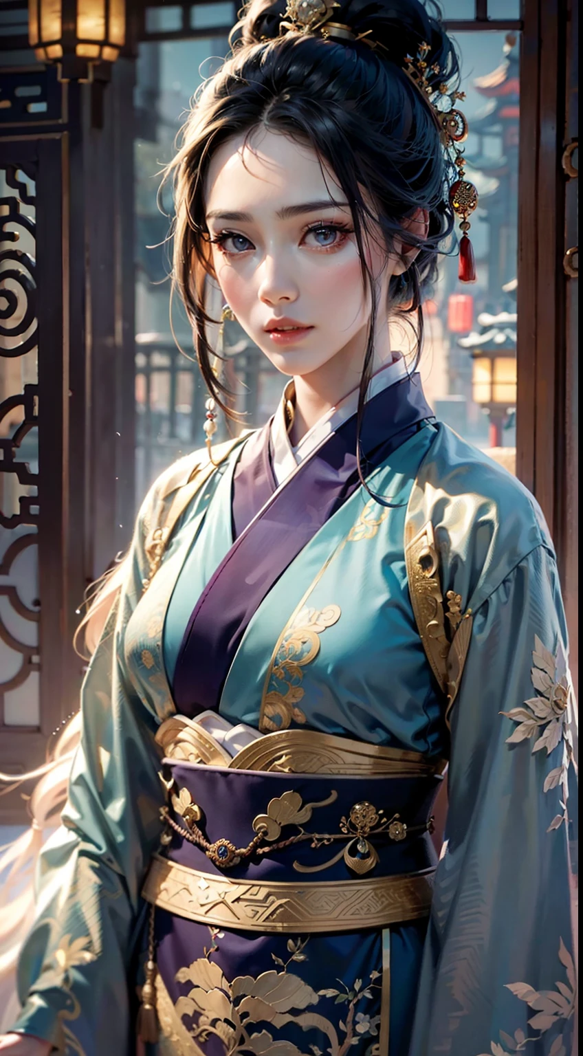 Ancient Chinese architecture，National style beautiful girl，wearing a hanfu，swordsmen，Xianxia，Beautiful，fantasy，National style mythological style，Mixed Chinese and American races，The background is blurred out，focal，电影灯光，(((tmasterpiece))), ((best qualtiy)), ((Complex and detailed)), ((ultra-realistic realism)), Ridiculous resolution, A MILF, Mature woman, ssee-through, highly  detailed, illustratio, 1girll, (mediuml breasts), Thin waist and thick hips，long leges，beatiful detailed eyes, short detailed hair, brunette color hair, a purple eye, (Hanfu:1.2), armour，Costumes with complex textures，Chinese style jewelry，（No underwear），pantiess, detailed back ground, perfect  eyes, Seductive eye, （nice hand），Detail hands，looking at viewert，From the front，Wear light，