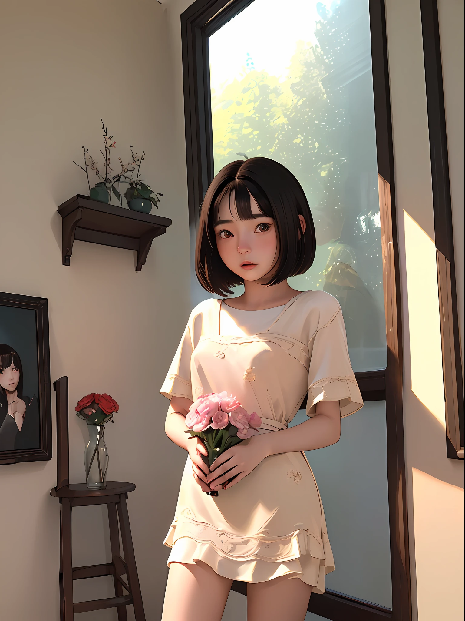 (top-quality、​masterpiece)、1womanl、((A dark-haired))、(((short hairstyle)))、20yr old、intricate detailes、Look at viewers、sunlight from windows、red blush、bangss、is standing、poster for、((Photoquality))、vases、picture frame