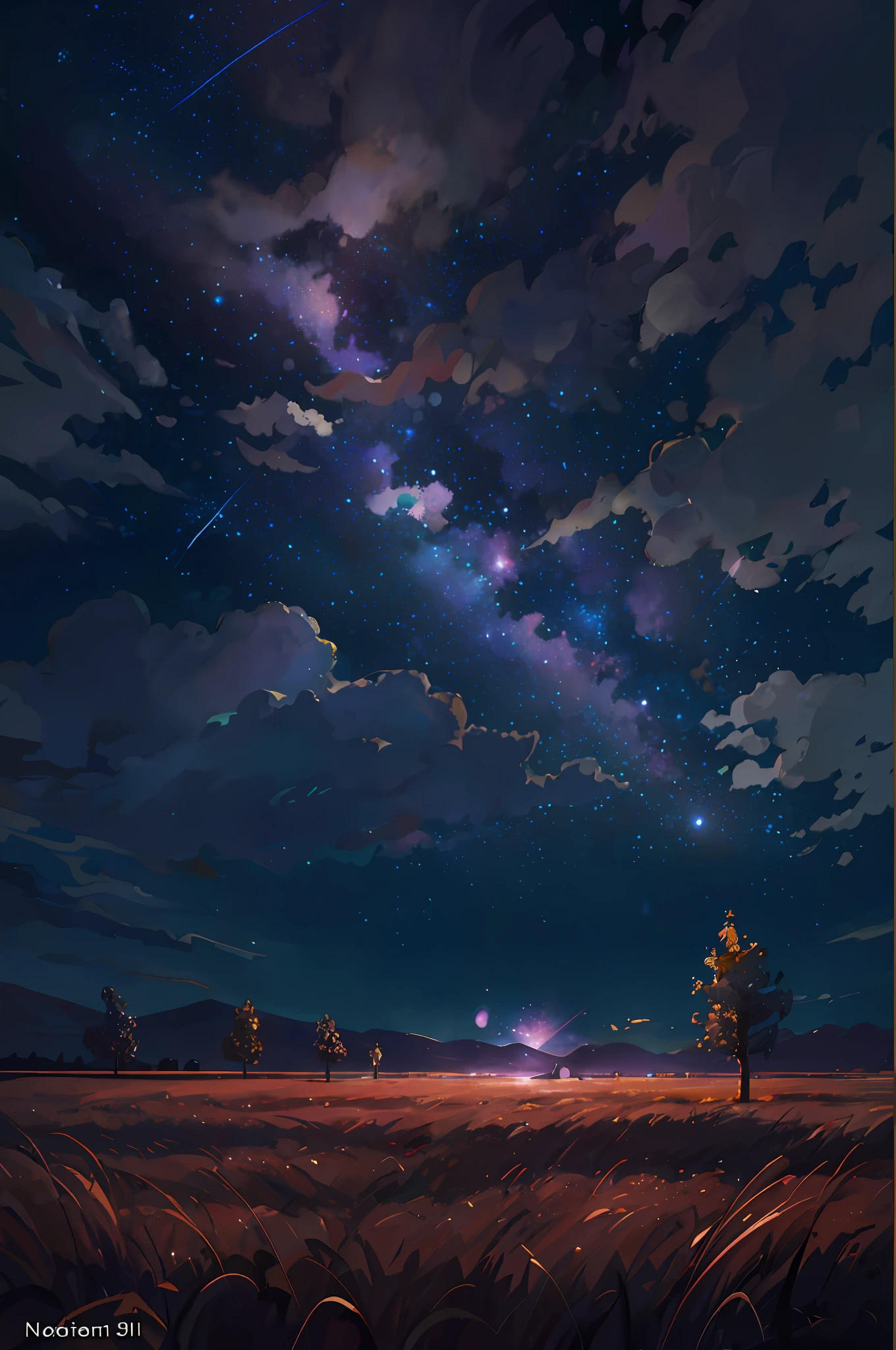 Starry Night Sky,There is a golden wheat field,Wheat swells,There are countless Kongming lanterns in the sky,Incredibly beautiful,It's like art,The background is the endless universe,The sky of the universe。By Makoto Shinkai,Starry Sky 8 K,calm evening。digital illustrations, Anime background art, 4k anime wallpapers, beautiful anime scenes, starrysky, moonlit starry sky environment, Anime art wallpaper 8 K, Anime art wallpaper 4k,Silhouette of boy and littlestanding together