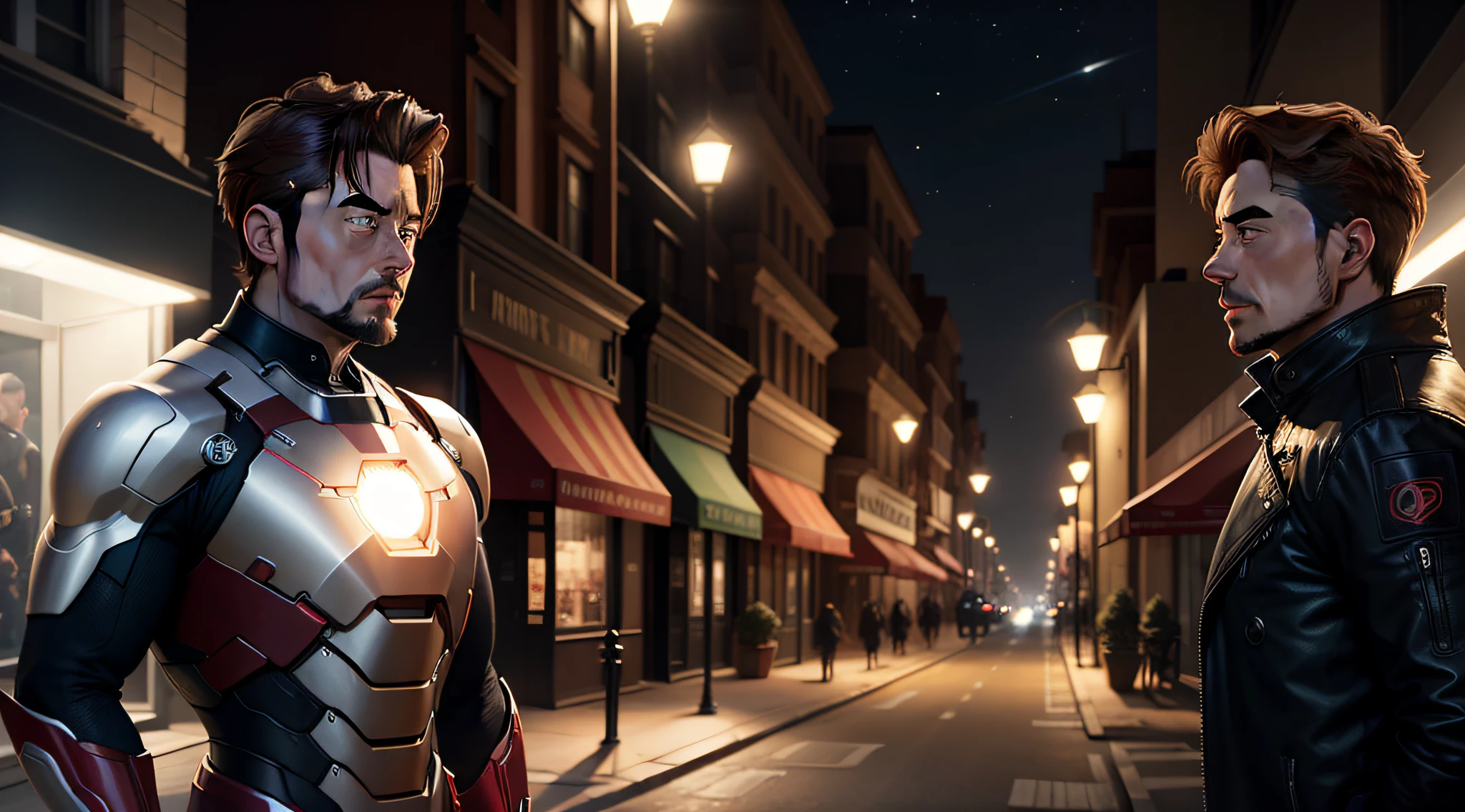 At night, In the street, Musk talks to Tony Stark in plain clothes, And there are street lights next to him