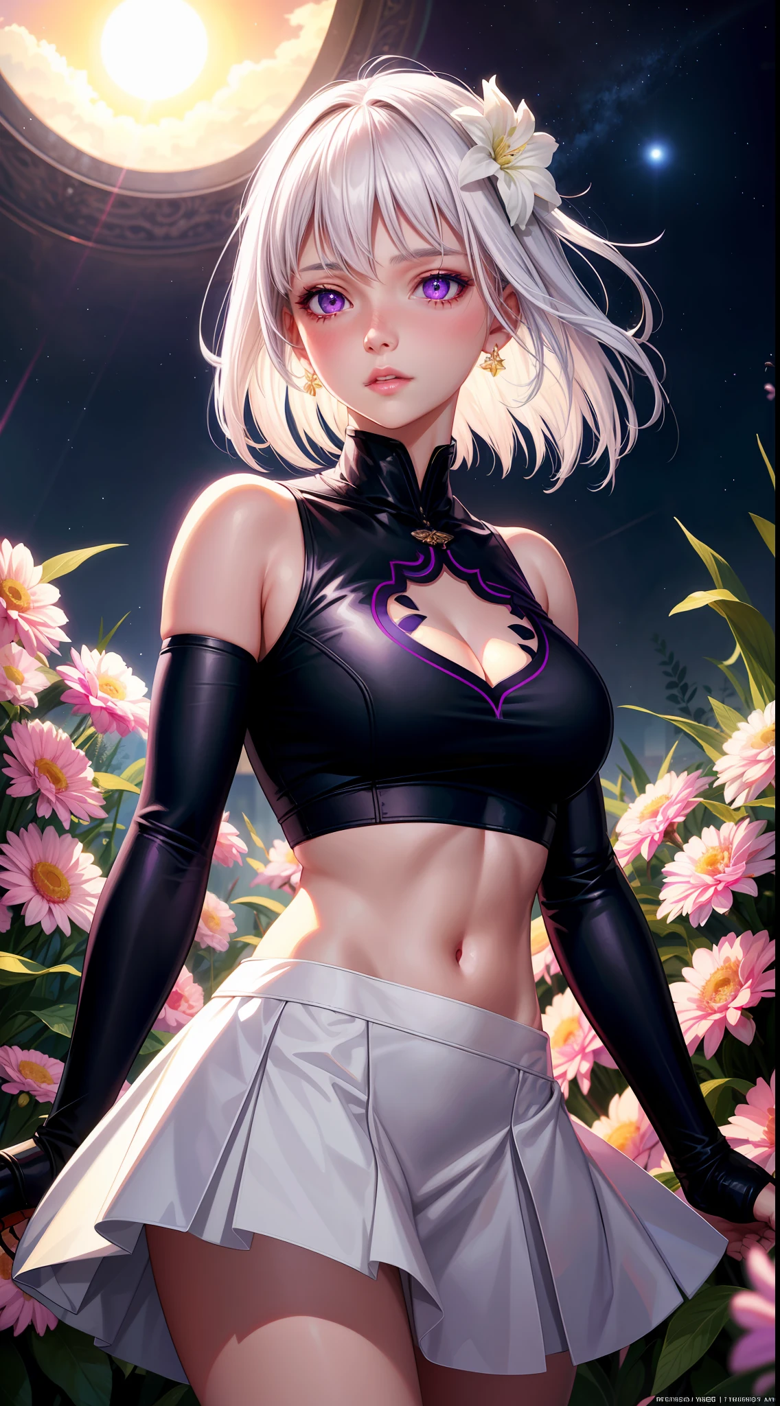 realistic, 1girl, white hair, purple eyes, glowing eyes, crop top, skirt, parted lips, blush, night, flowers, sun, sunlight,