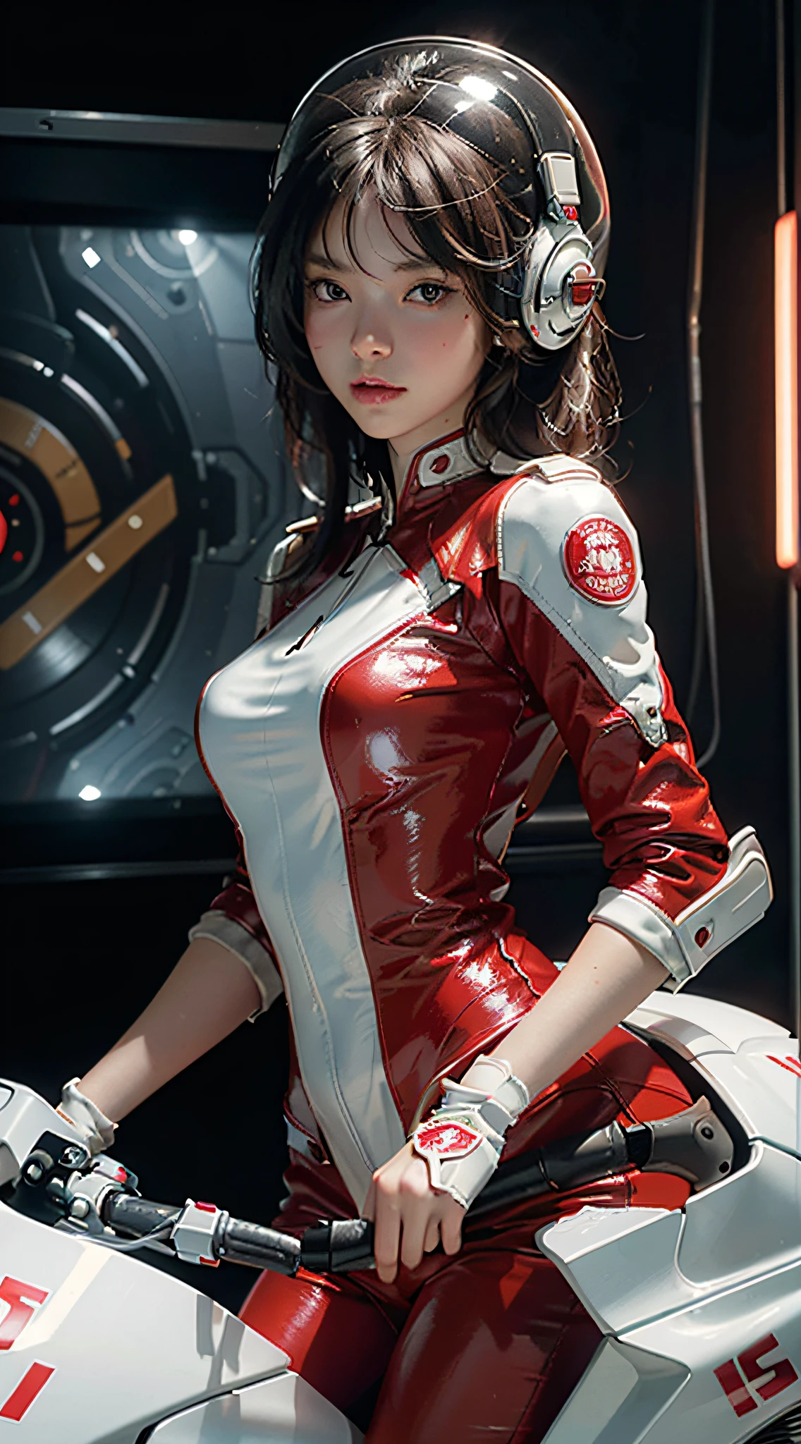 Best image quality, outstanding detail, ultra-high resolution, (realism: 1.4), best illustration, prefer details, highly condensed 1girl, delicate and beautiful face, dressed in red wear, wearing a jet helmet, holding a direction controller, (riding a white motorcycle), the background is a high-tech lighting scene of a futuristic city.