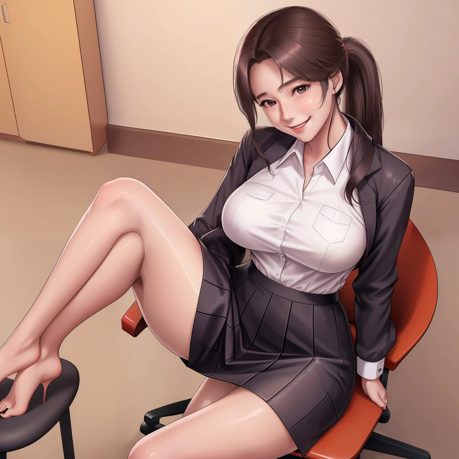 girl,office lady assistant, he tall,sexy pose office lady assistant,long ponytail wet brown hair,super big breast,(P cup),age 18,happy and smile detailed face,sexy office lady assistant long wet shirt, and skirt outfit,full body,red peach lips,sitting on chair and playing cellphone and selfie pose tongue stuck out on my office,her nose and cheek was red in home,