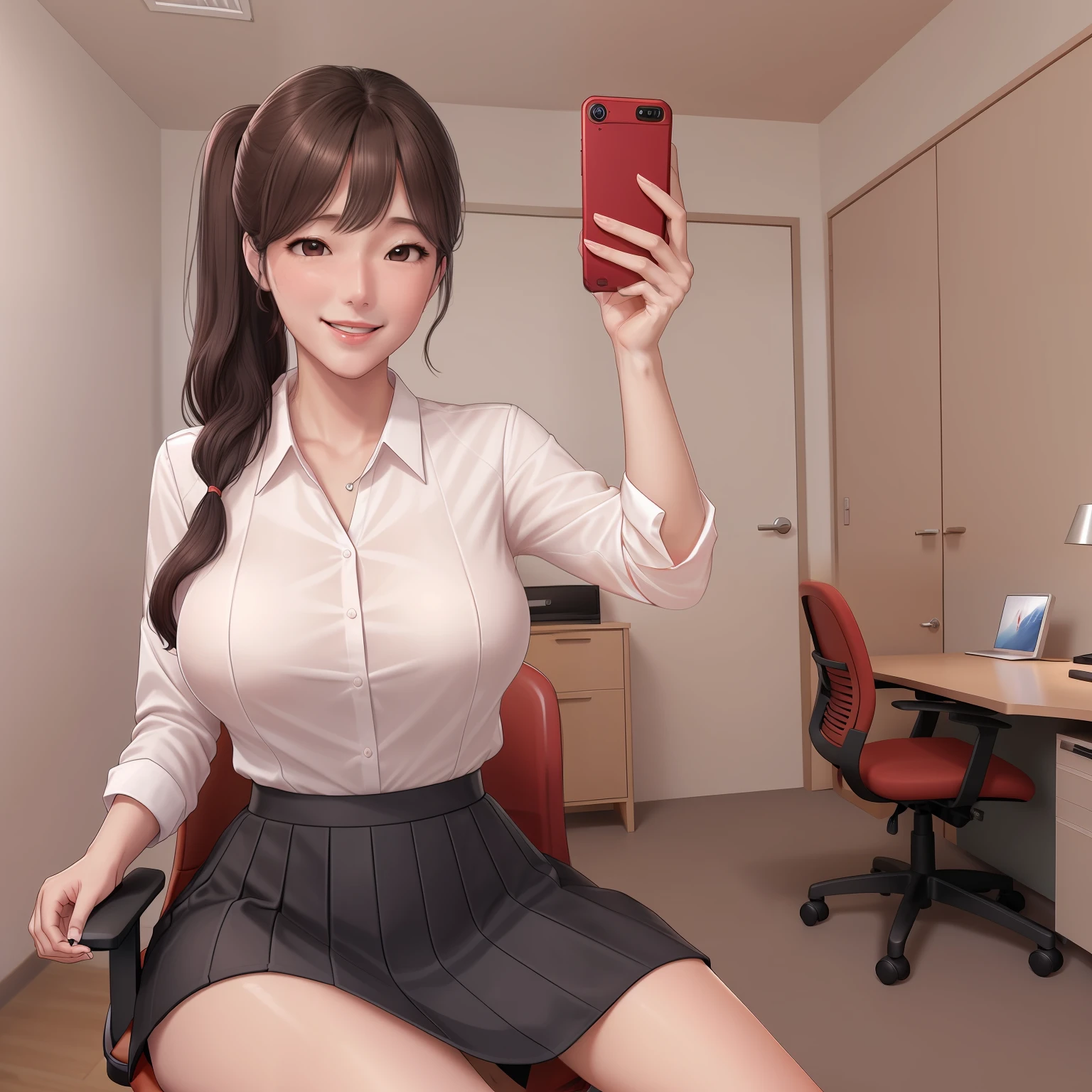 girl,office lady assistant, he tall,sexy pose office lady assistant,long ponytail wet brown hair,super big breast,(P cup),age 18,happy and smile detailed face,sexy office lady assistant long wet shirt, and skirt outfit,full body,red peach lips,sitting on chair and playing cellphone and selfie pose tongue stuck out on my office,her nose and cheek was red in home,