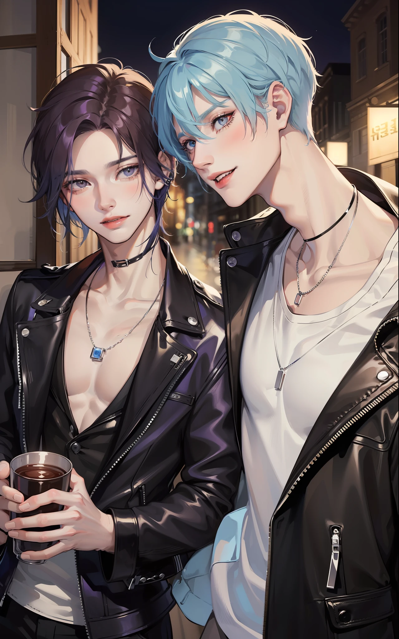 masterpiece, top-quality, 2Others, Male couple, 1 man and 1,, Adults, Height difference, different fashion, different color, finely eye and detailed face, intricate detailes, Black Butler Fashion, Modern urban streets, A smile, Happiness, tenderness, queers, Boys Love, high-level image quality、 Two beautiful men、tall、The upper part of the body、nightfall、nighttime scene、𝓡𝓸𝓶𝓪𝓷𝓽𝓲𝓬、Korean Male, k pop, Professional Photos, Vampires, Fedoman with necklace, inspired by Sim Sa-jeong, androgynous vampire, :9 detailed face: 8, extra detailed face, detailed punk hair, ((eyes are brown)) baggy eyes, Seductive. Highly detailed, semi realistic anime, Vampire deacon, hyperrealistic teen, delicate androgynous prince, imvu, short hair above the ears, Man with short hair, With a purple-haired man with a wild expression, Man with light blue hair with gentle expression, With a short-haired man with bright purple hair, Man with light blue hair, Take a selfie for two