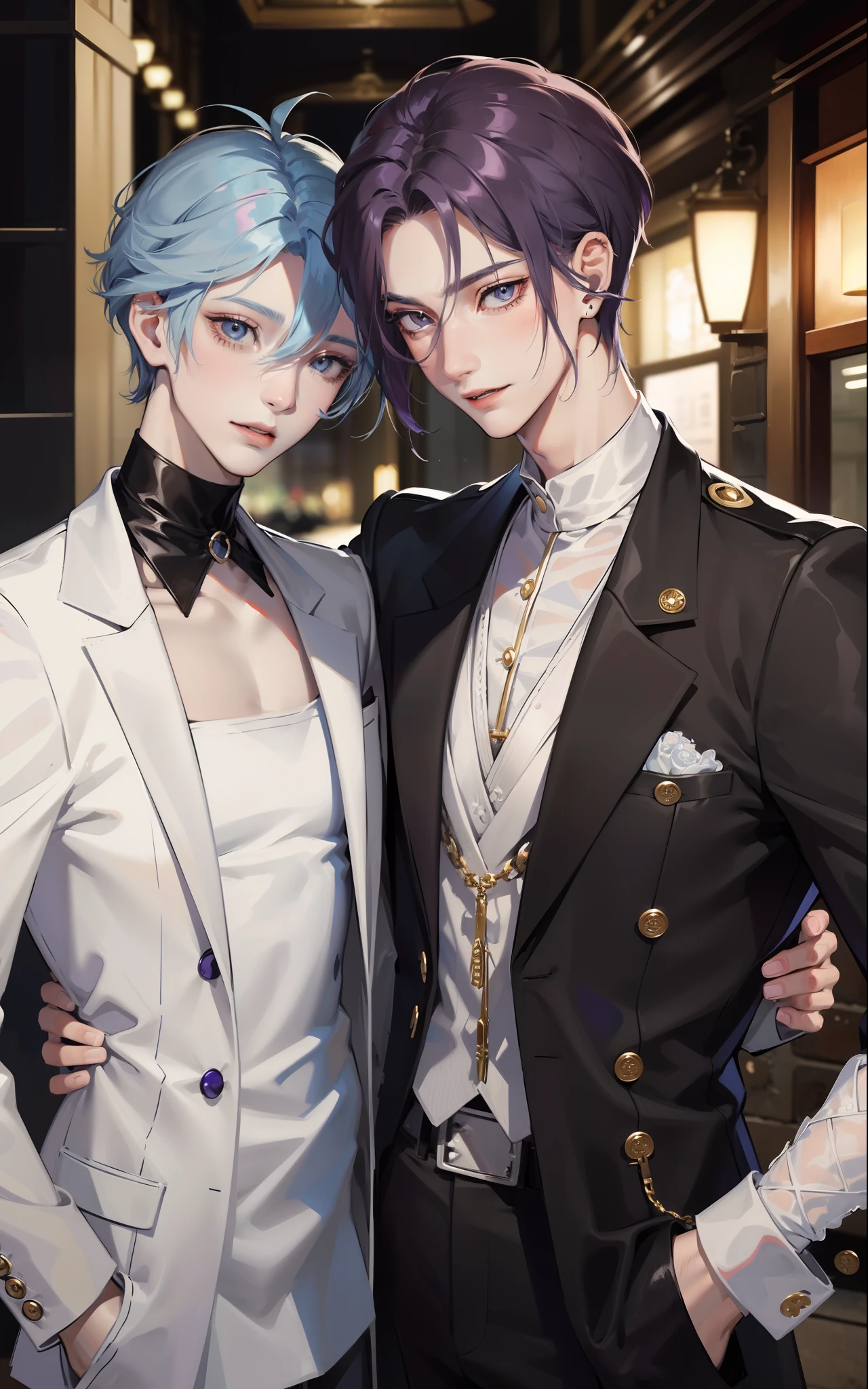 ​masterpiece, top-quality, 2Others, Male couple, 1 man and 1,, Adults, Height difference, different fashion, different color, finely eye and detailed face, intricate detailes, Black Butler Fashion, Modern urban streets, A smile, Happiness, tenderness, queers, Boys Love, high-level image quality、 Two beautiful men、tall、The upper part of the body、nightfall、nighttime scene、𝓡𝓸𝓶𝓪𝓷𝓽𝓲𝓬、Korean Male, k pop, Professional Photos, Vampires, Fedoman with necklace, inspired by Sim Sa-jeong, androgynous vampire, :9 detailed face: 8, extra detailed face, detailed punk hair, ((eyes are brown)) baggy eyes, Seductive. Highly detailed, semi realistic anime, Vampire deacon, hyperrealistic teen, delicate androgynous prince, imvu, short hair above the ears, Man with short hair, With a purple-haired man with a wild expression, Man with light blue hair with gentle expression, With a short-haired man with bright purple hair, Man with light blue hair, Take a selfie for two