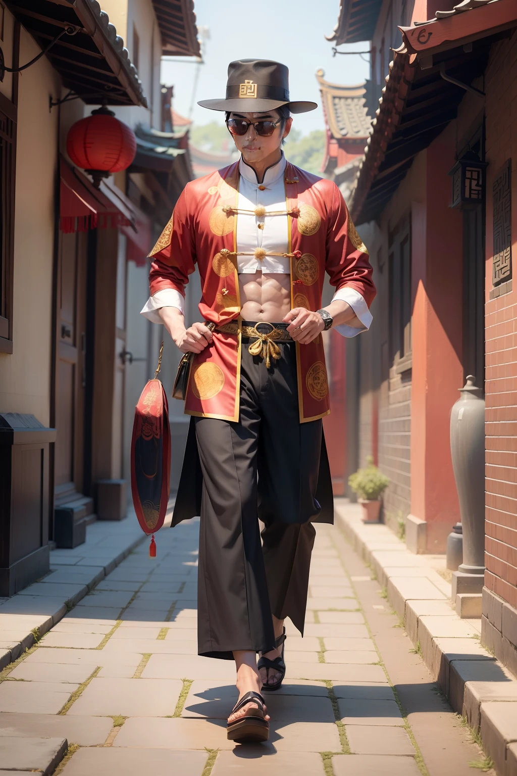 「Please follow the description below,Drawing a man dressed in a Tang costume、Ancient Chinese numerologist wearing sunglasses and a small hat,Scene walking on a brick road。」